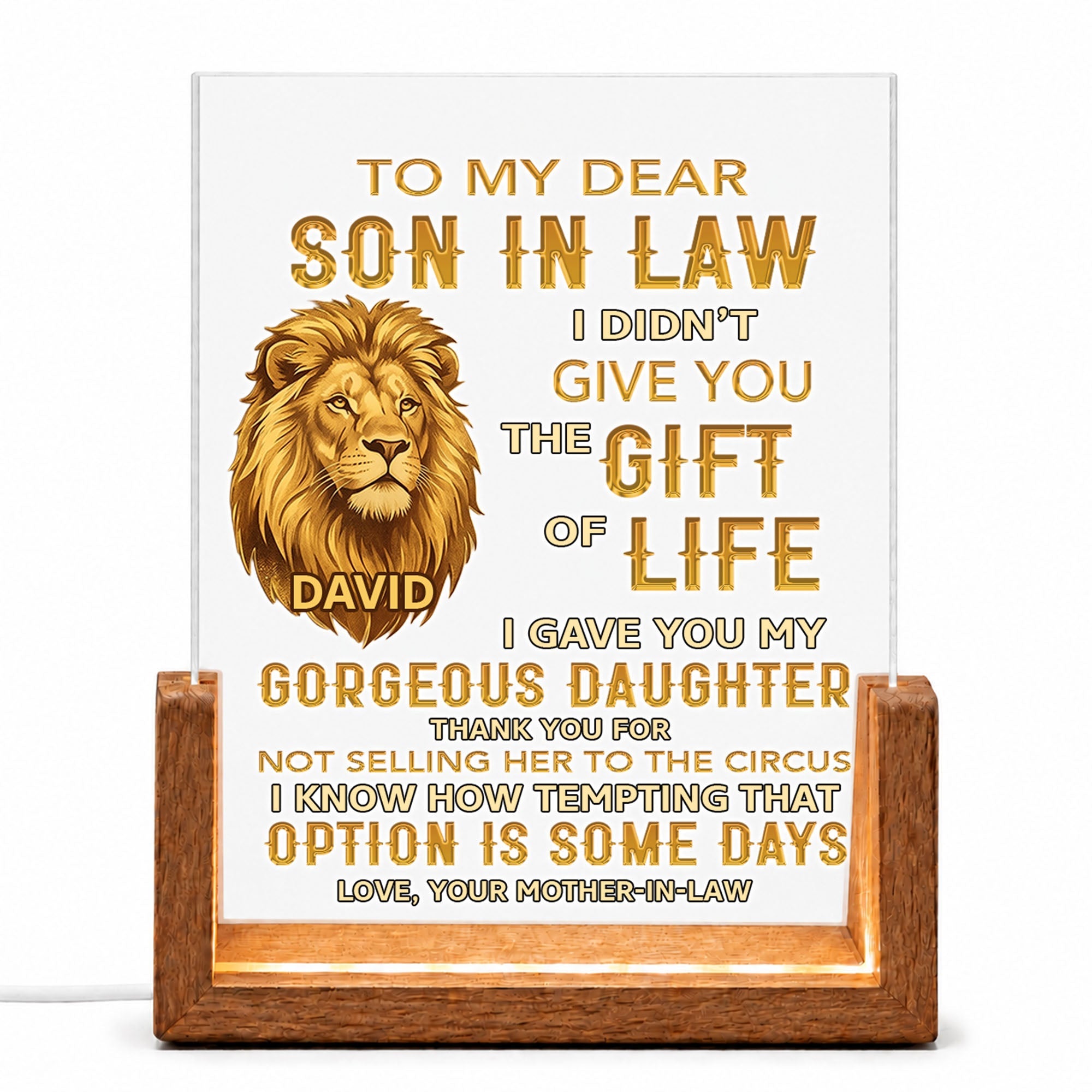 Personalized Acrylic Night Light for Son-in-Law with Wood Base Wood and Acrylic Night Light GradoCreations