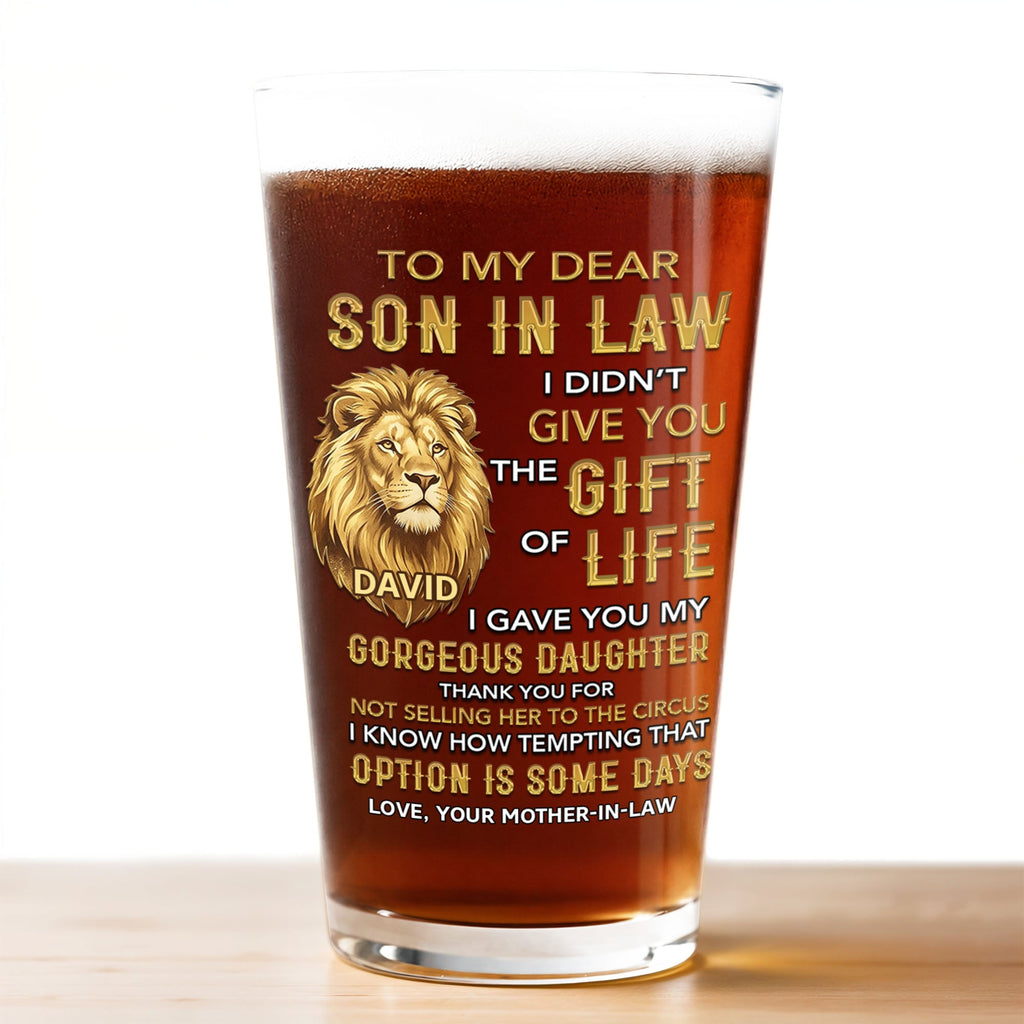 Personalized Custom Beer Glass Gift for Son-In-Law - Lion Message Beer Glasses GradoCreations