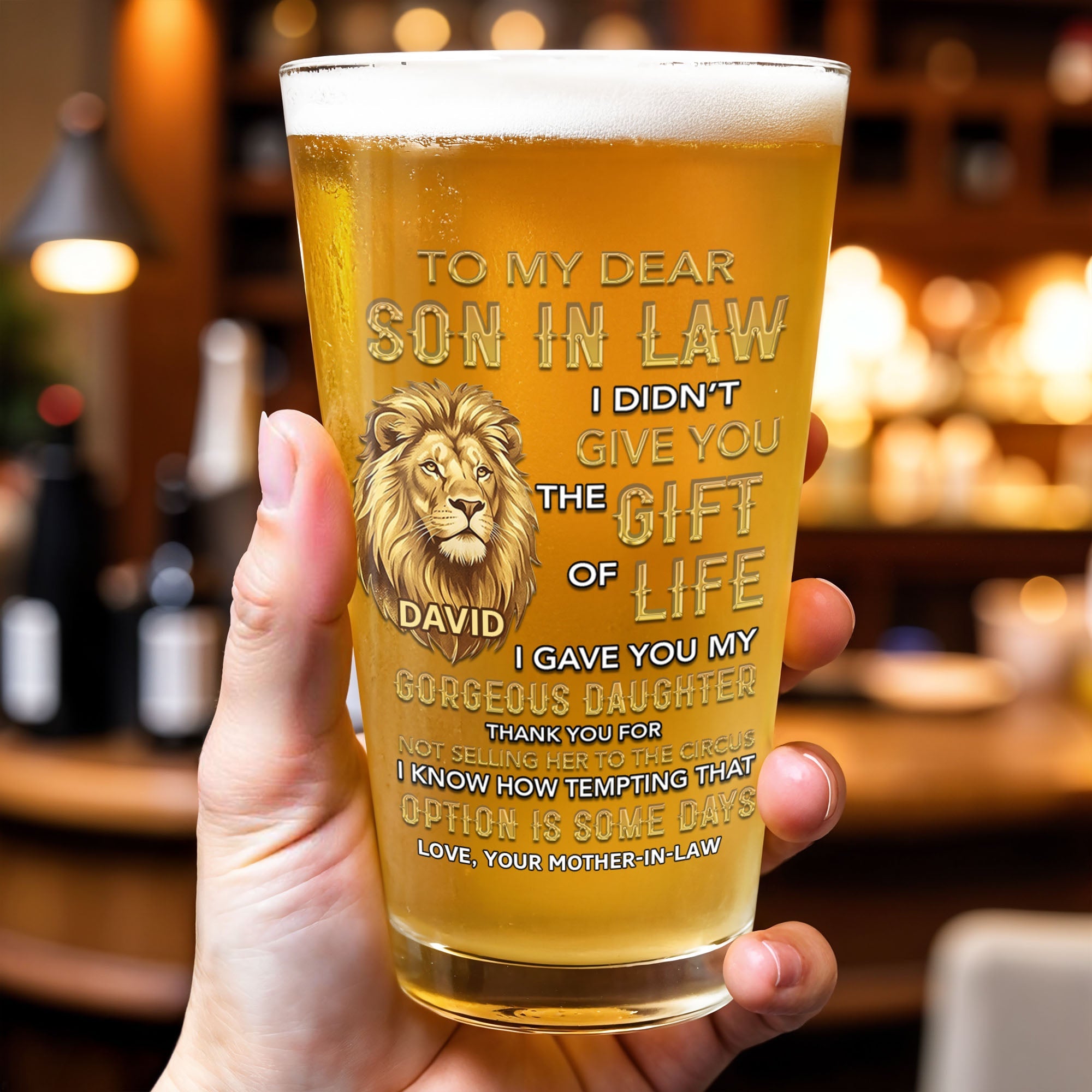 Personalized Custom Beer Glass Gift for Son-In-Law - Lion Message Beer Glasses GradoCreations