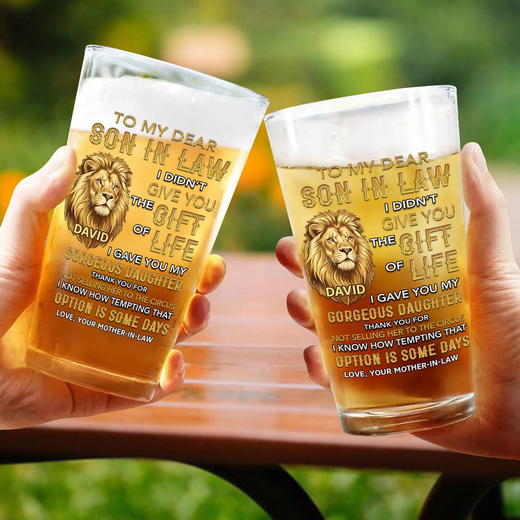 Personalized Custom Beer Glass Gift for Son-In-Law - Lion Message Beer Glasses GradoCreations
