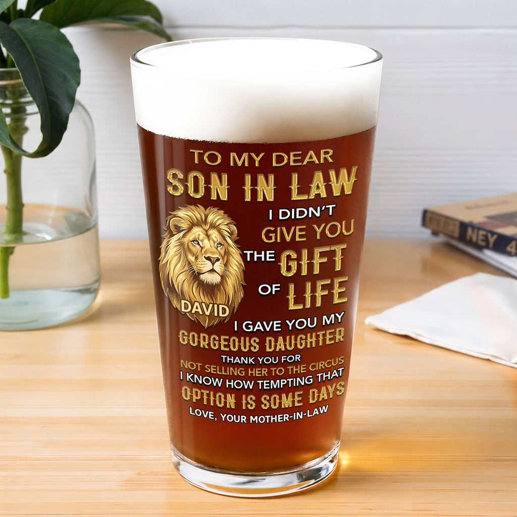 Personalized Custom Beer Glass Gift for Son-In-Law - Lion Message Beer Glasses GradoCreations