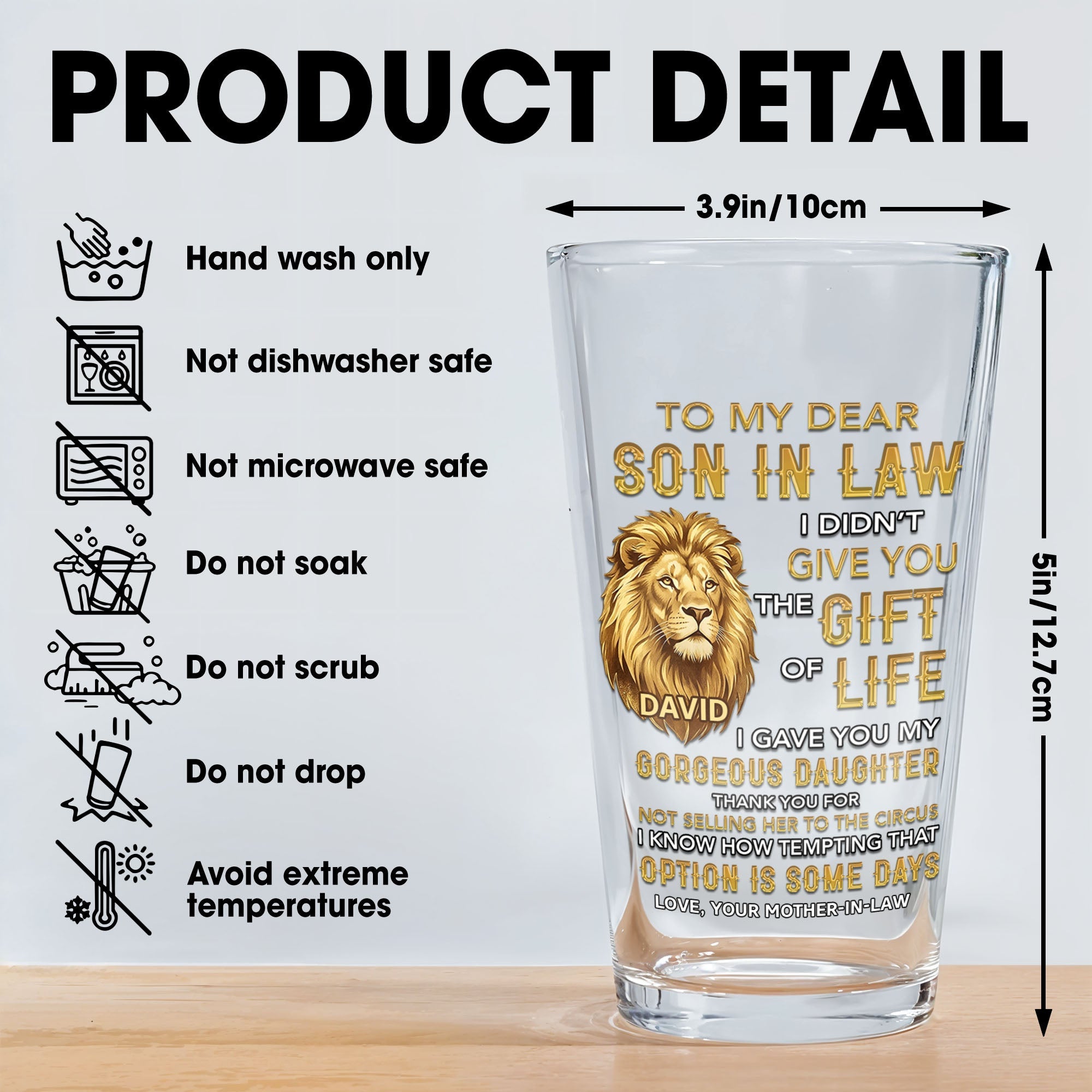 Personalized Custom Beer Glass Gift for Son-In-Law - Lion Message Beer Glasses GradoCreations