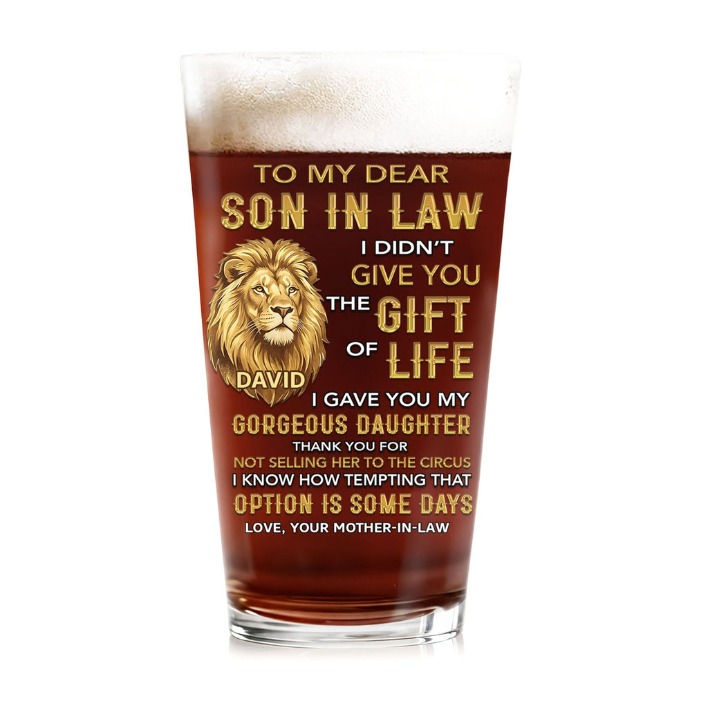Personalized Custom Beer Glass Gift for Son-In-Law - Lion Message Beer Glasses GradoCreations