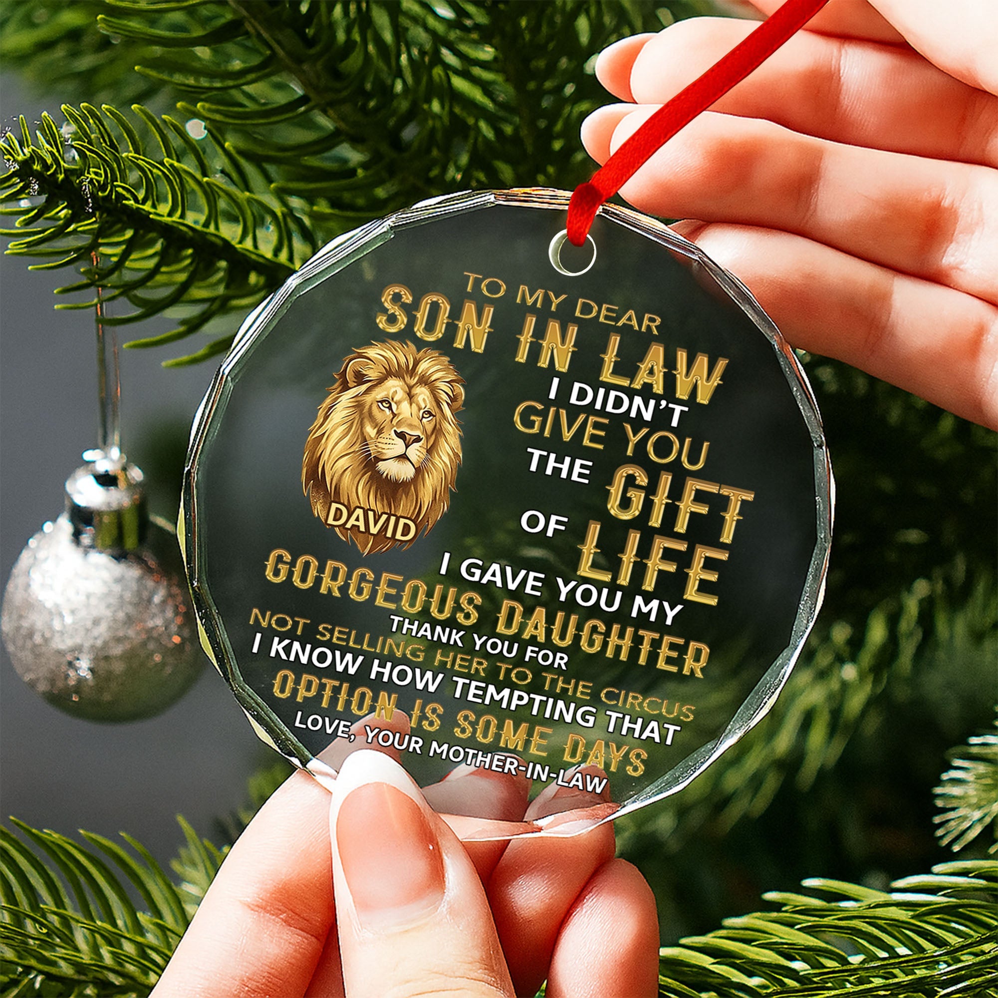 Personalized Glass Circle Ornament Gift for Son-in-Law - Lion Art Glass Circle Ornament GradoCreations