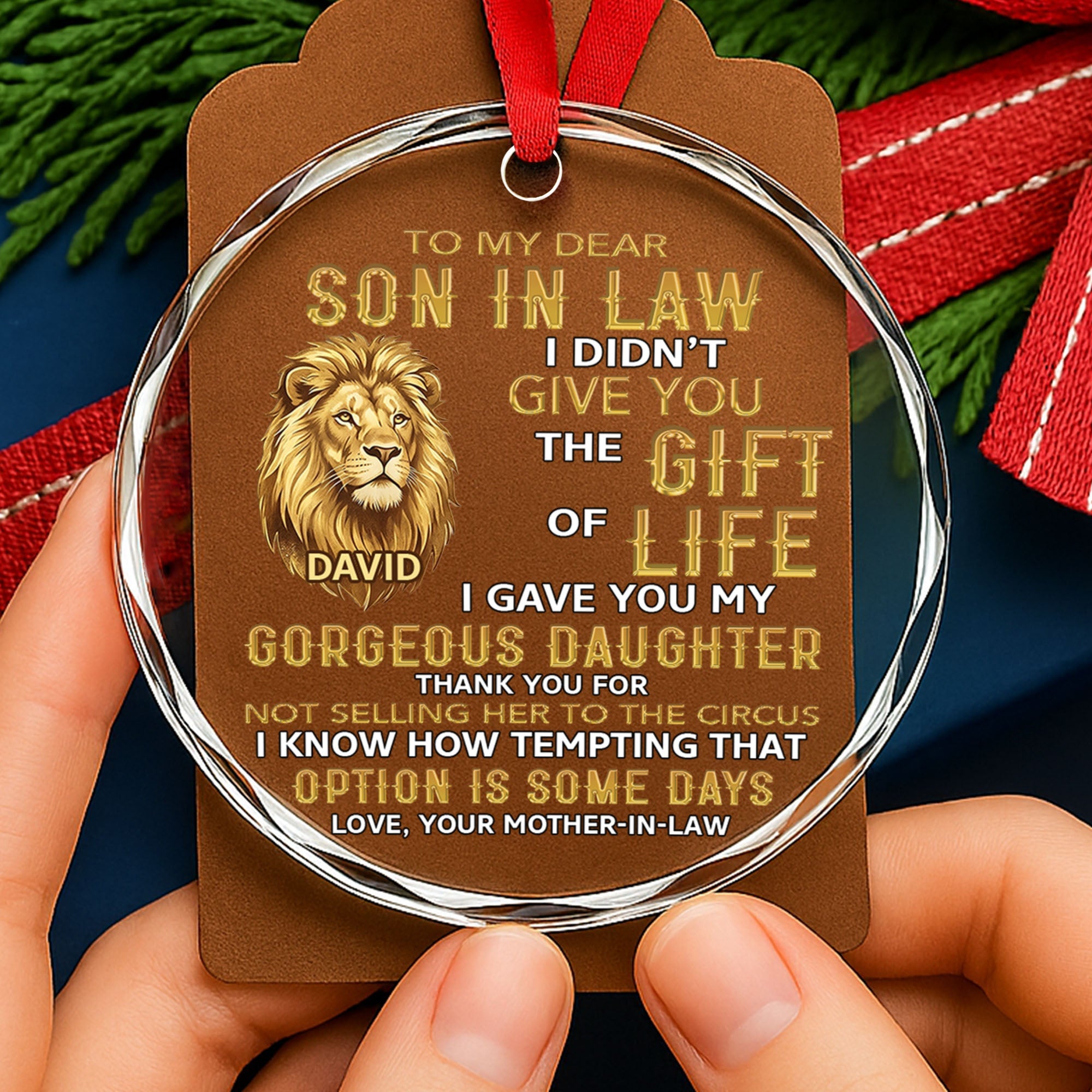 Personalized Glass Circle Ornament Gift for Son-in-Law - Lion Art Glass Circle Ornament GradoCreations