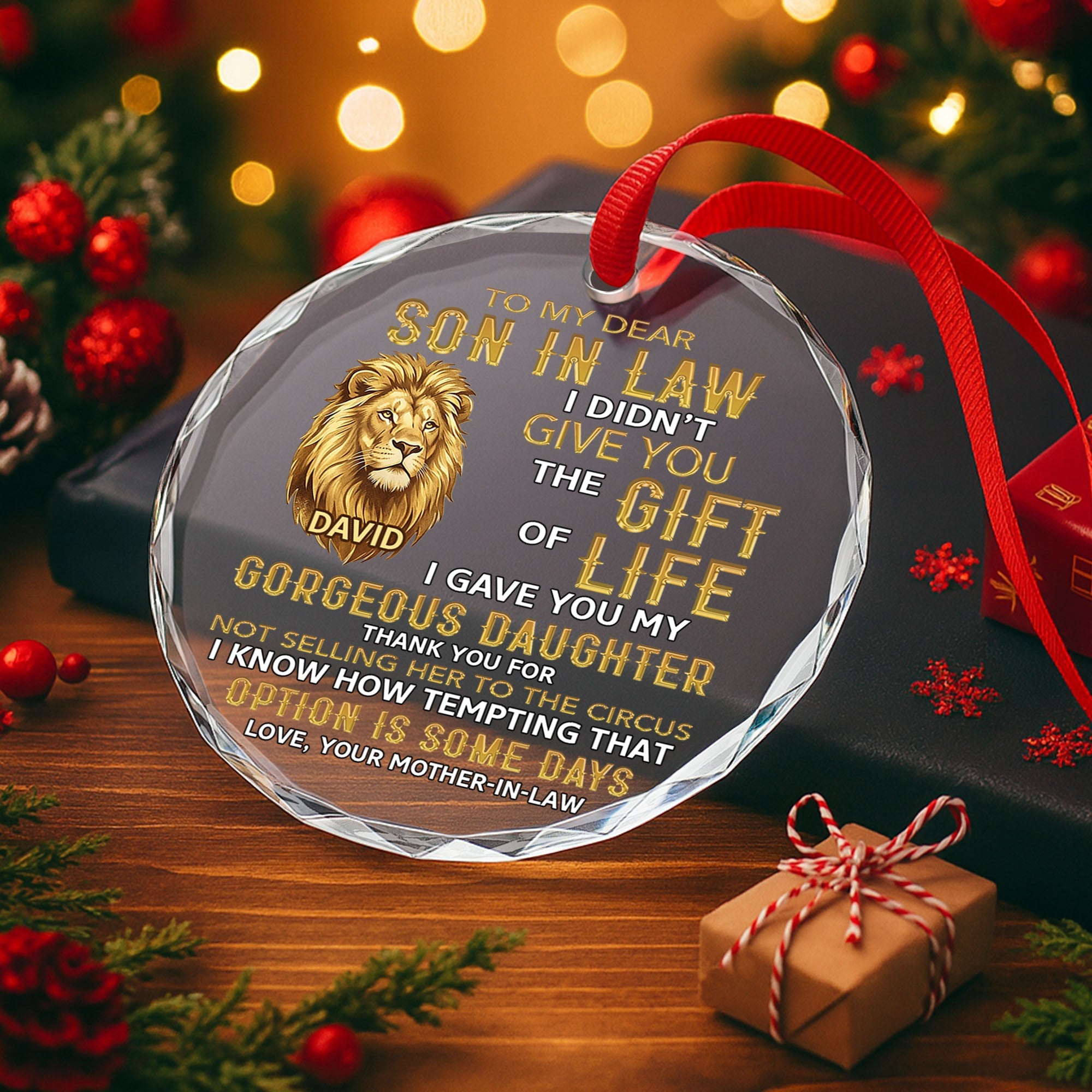 Personalized Glass Circle Ornament Gift for Son-in-Law - Lion Art Glass Circle Ornament GradoCreations