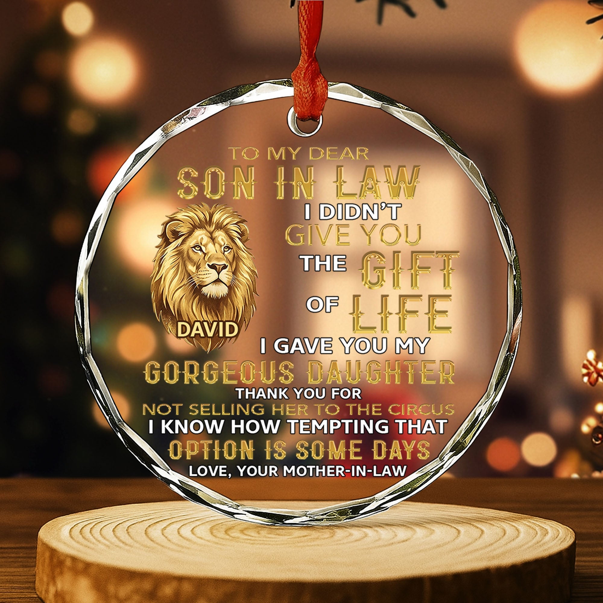 Personalized Glass Circle Ornament Gift for Son-in-Law - Lion Art Glass Circle Ornament GradoCreations
