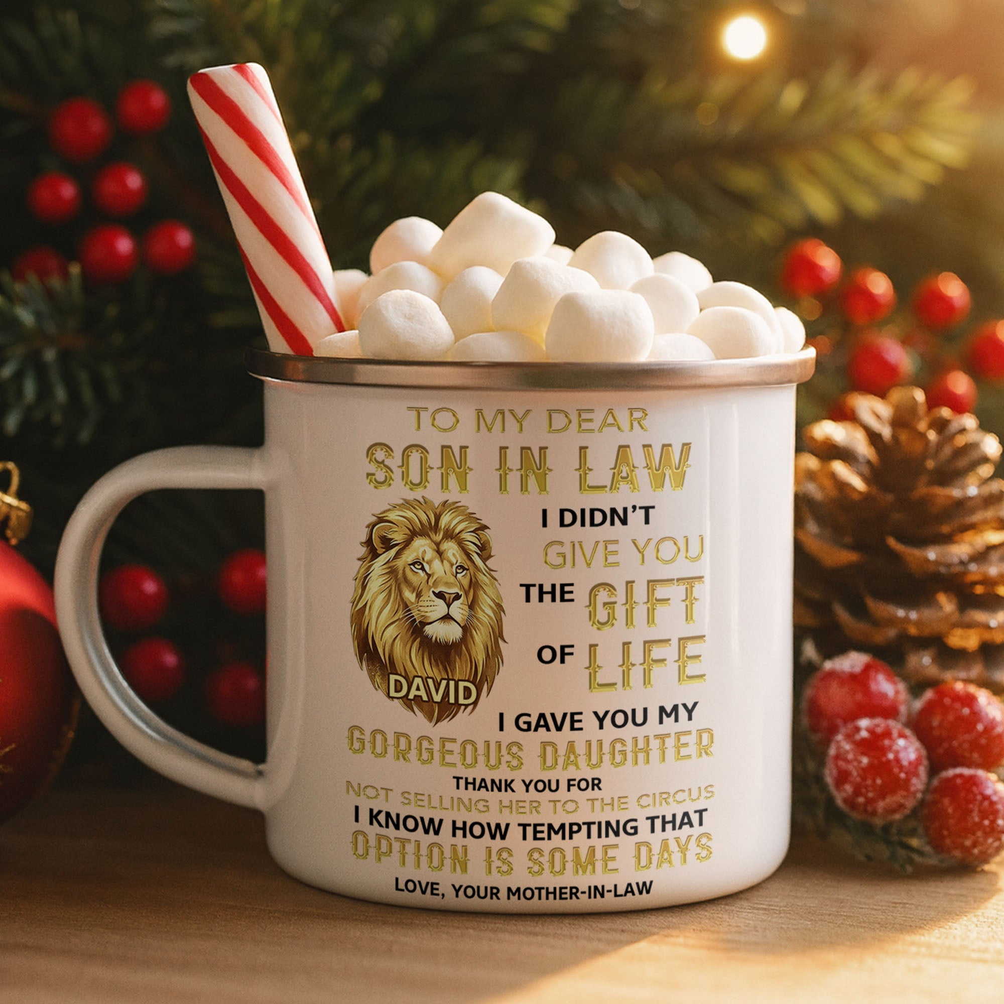 Personalized Enamel Mug Custom Name Lion Design Gift for Son-in-Law Enamel Mug GradoCreations