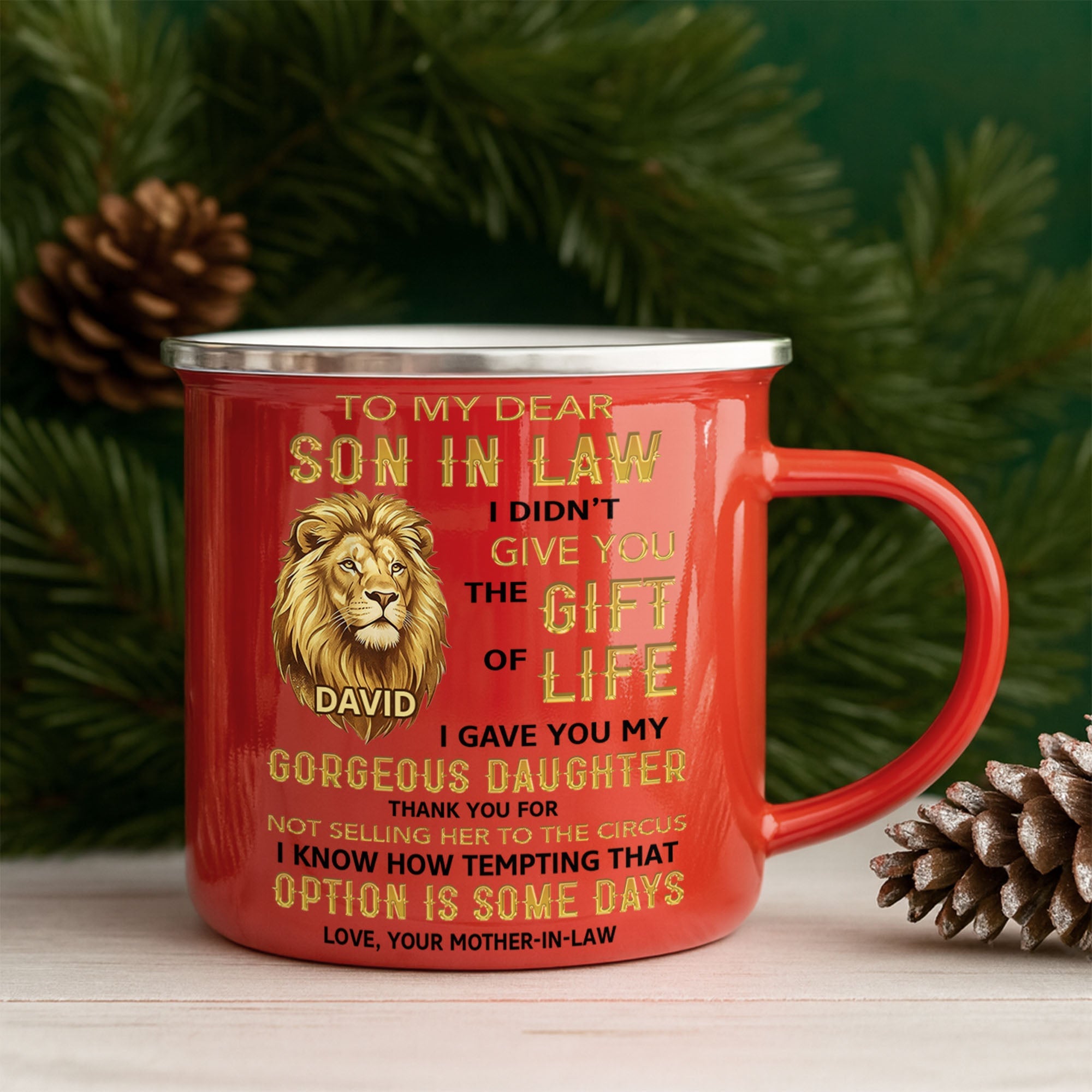 Personalized Enamel Mug Custom Name Lion Design Gift for Son-in-Law Enamel Mug GradoCreations
