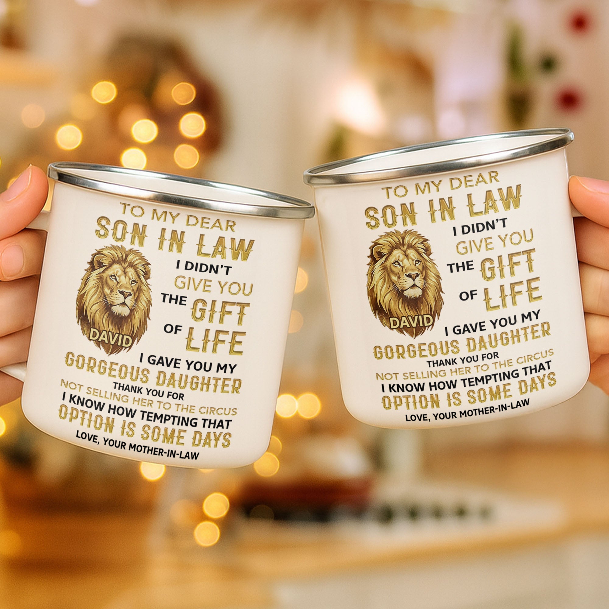 Personalized Enamel Mug Custom Name Lion Design Gift for Son-in-Law Enamel Mug GradoCreations