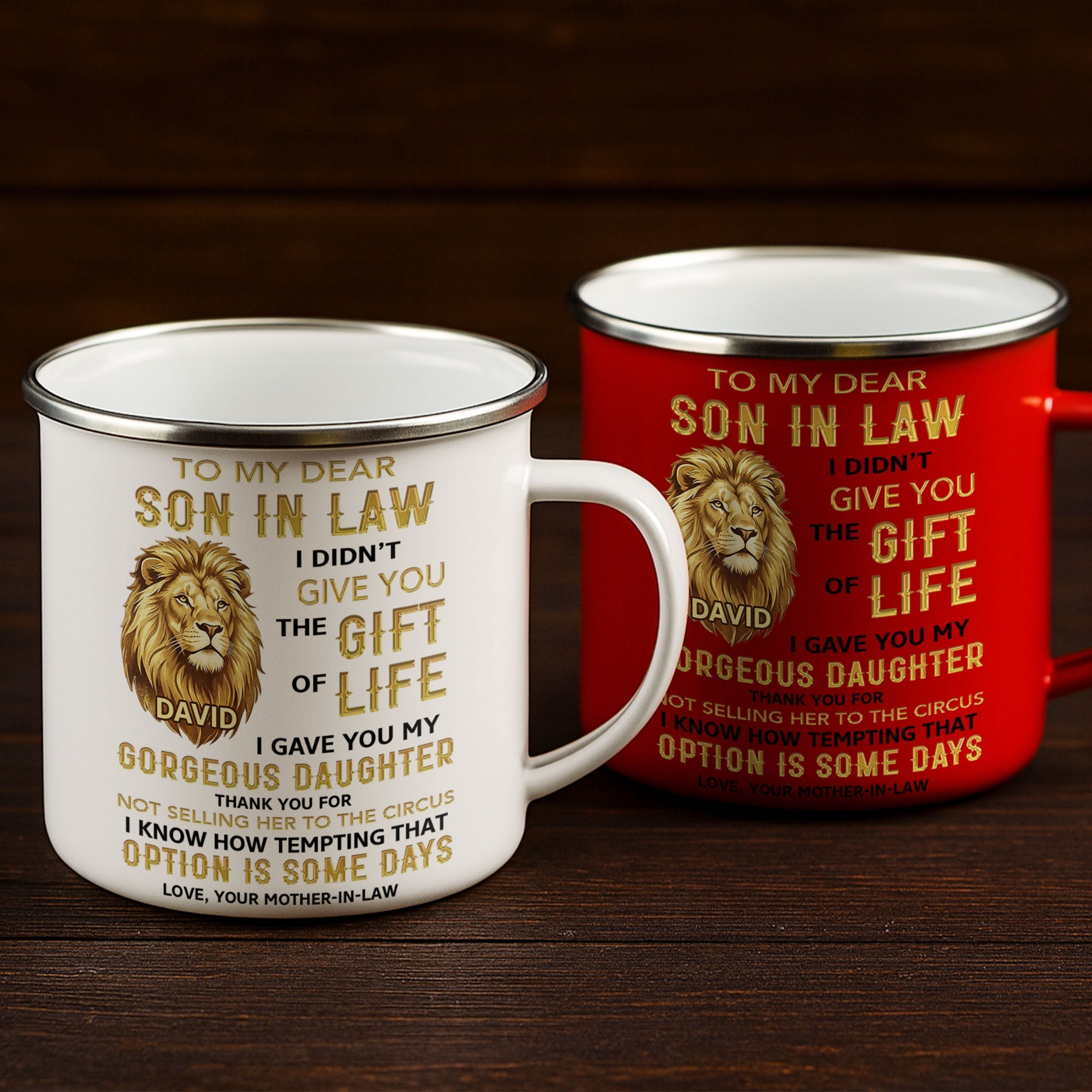 Personalized Enamel Mug Custom Name Lion Design Gift for Son-in-Law Enamel Mug GradoCreations