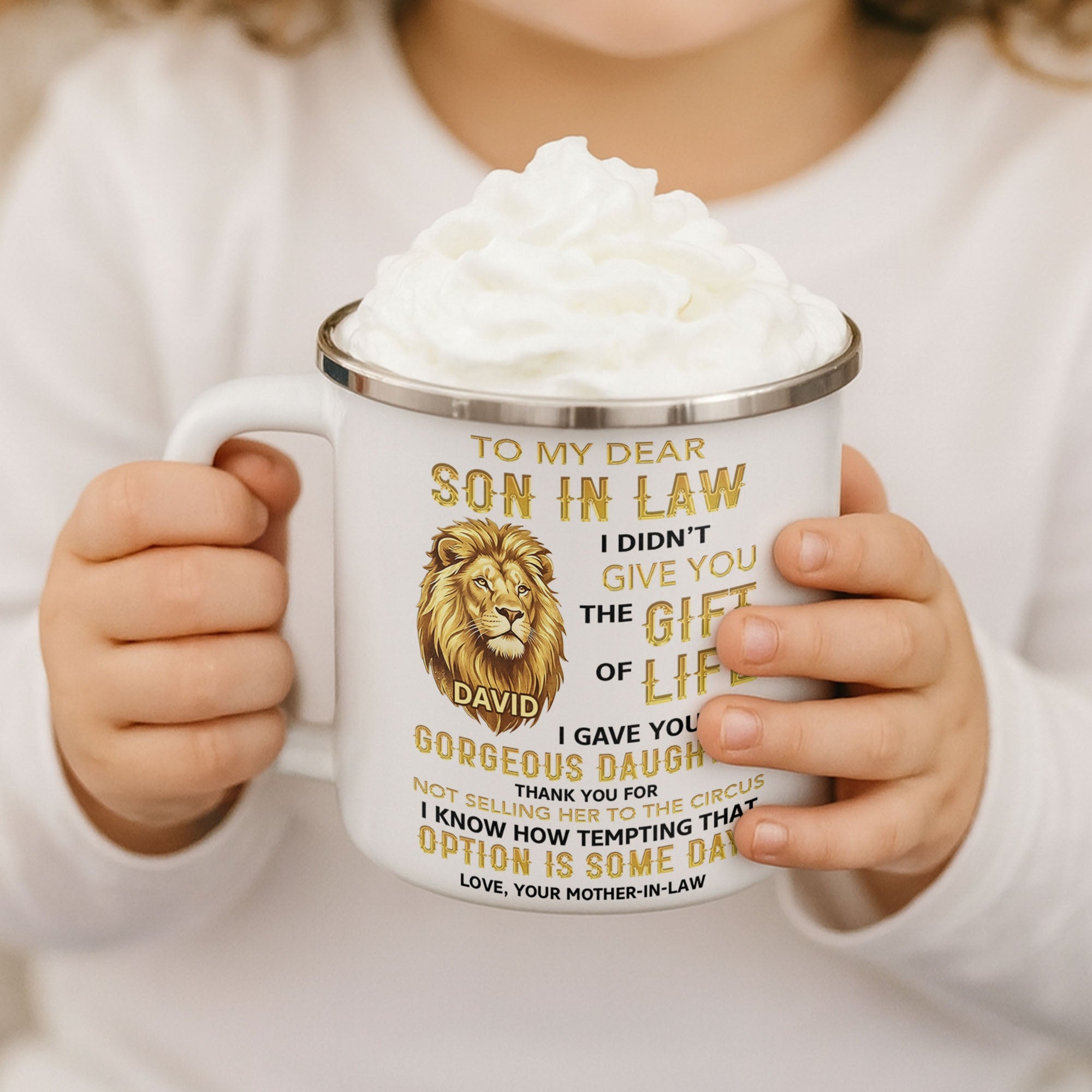Personalized Enamel Mug Custom Name Lion Design Gift for Son-in-Law Enamel Mug GradoCreations