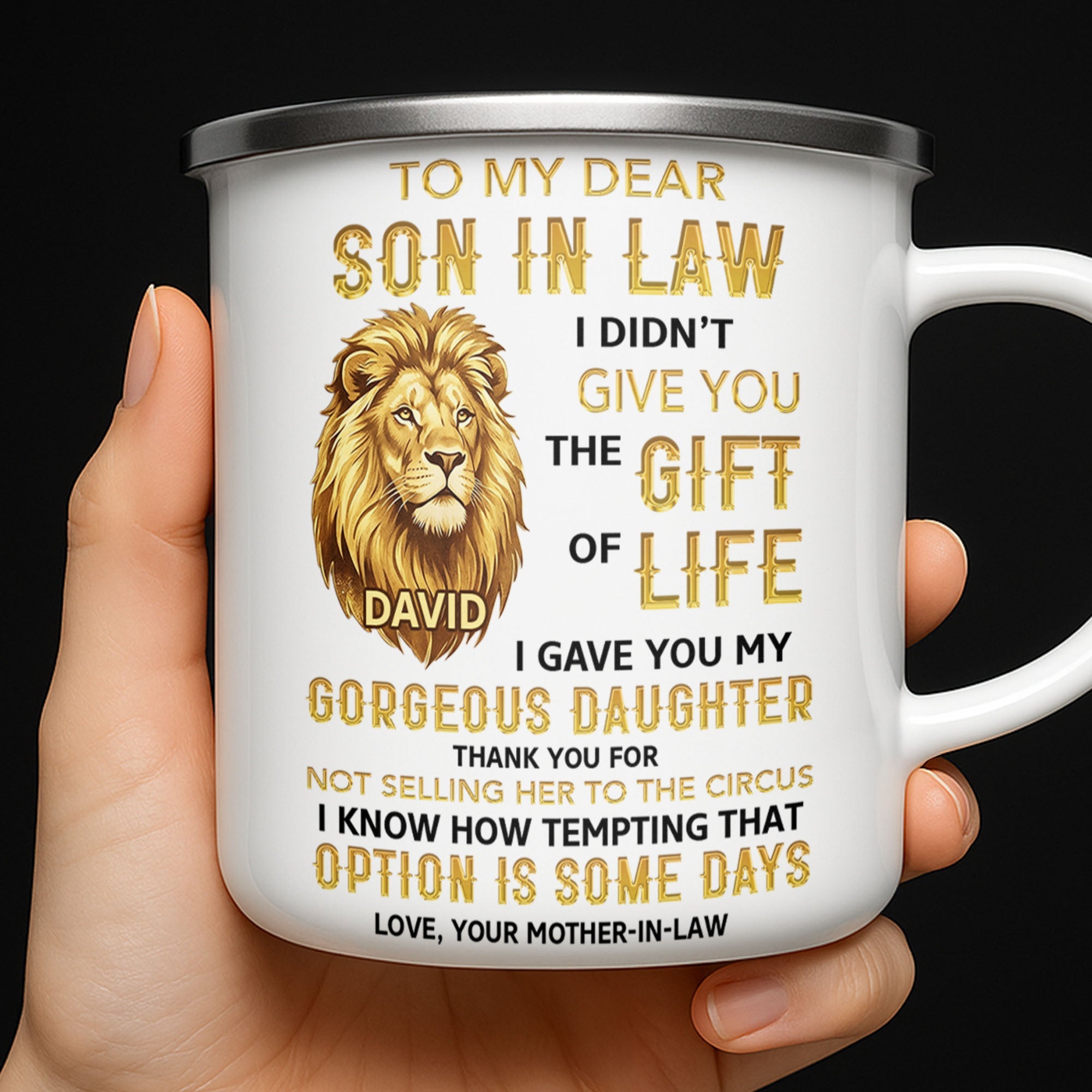 Personalized Enamel Mug Custom Name Lion Design Gift for Son-in-Law Enamel Mug GradoCreations