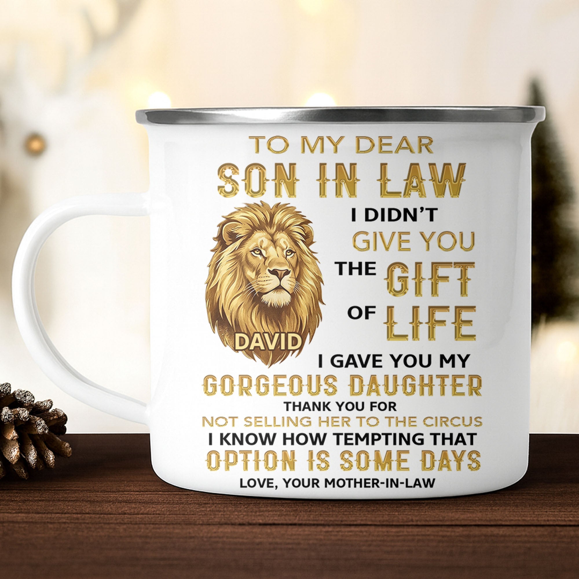 Personalized Enamel Mug Custom Name Lion Design Gift for Son-in-Law Enamel Mug GradoCreations