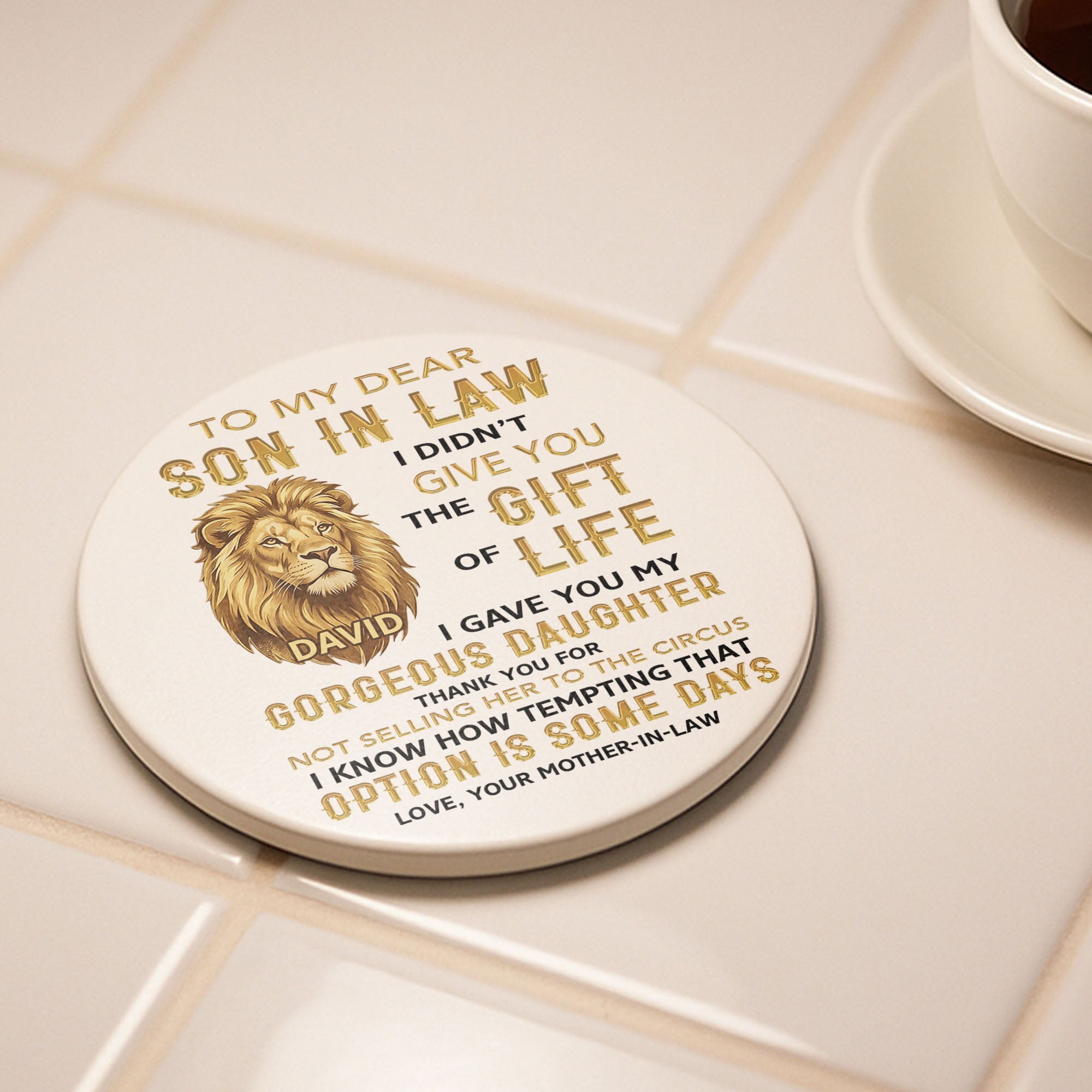 Personalized Ceramic Coaster Gift for Son-in-Law Custom Design Ceramic Coaster GradoCreations