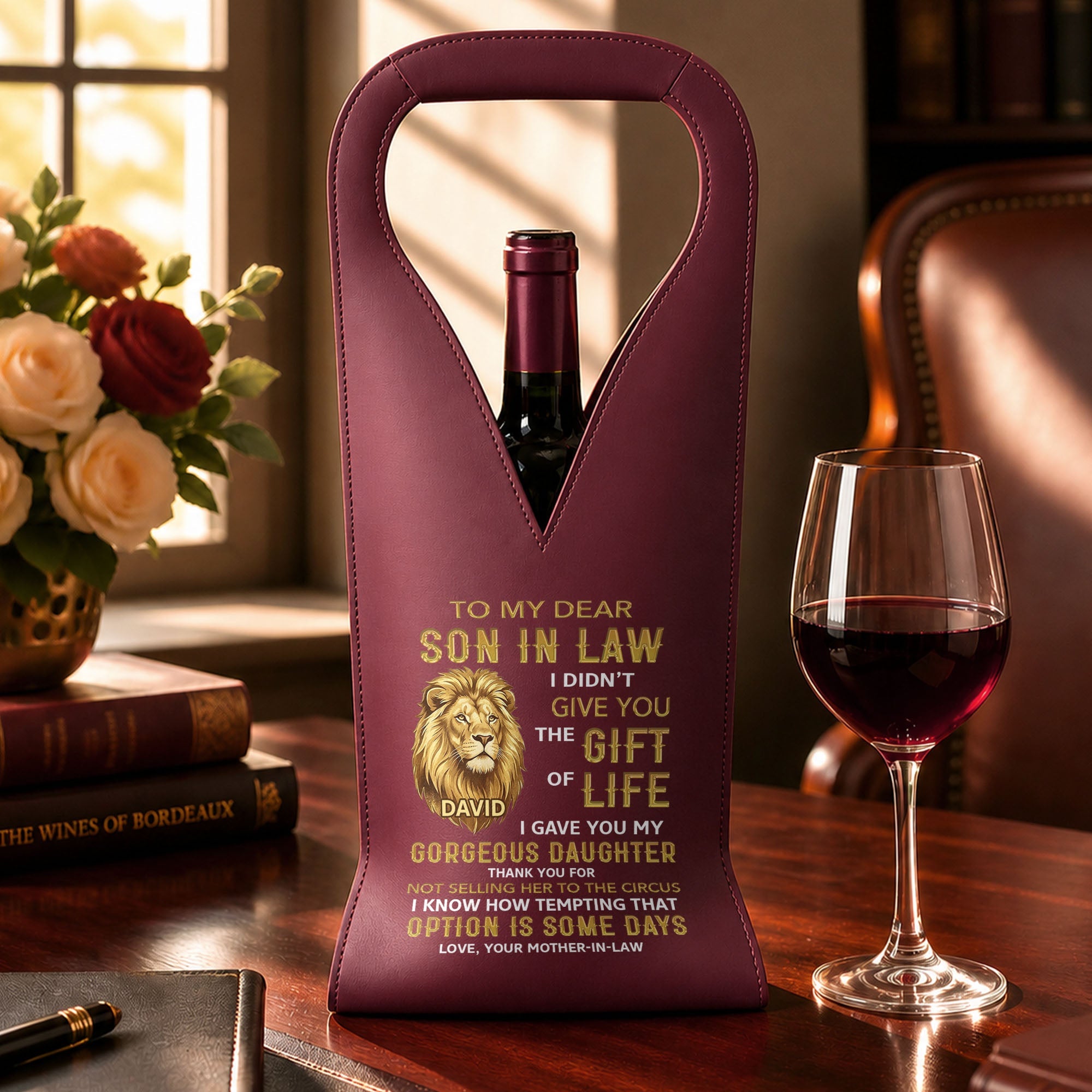 Personalized Leather Wine Bag Custom Name Gift for Son-in-Law Leather Wine Bag GradoCreations