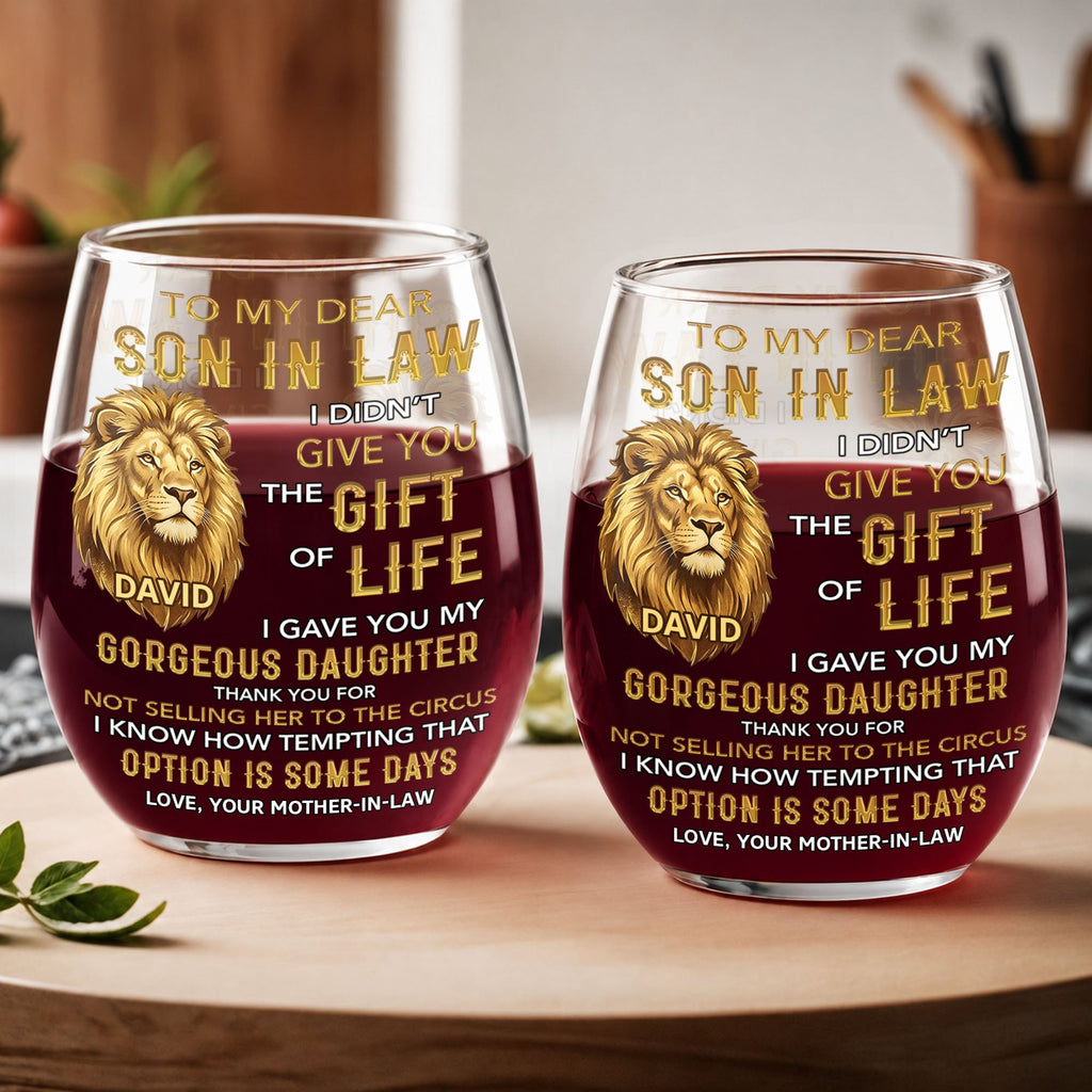 Personalized Stemless Wine Glass Custom Name Gift for Son-in-Law Wine Glasses GradoCreations