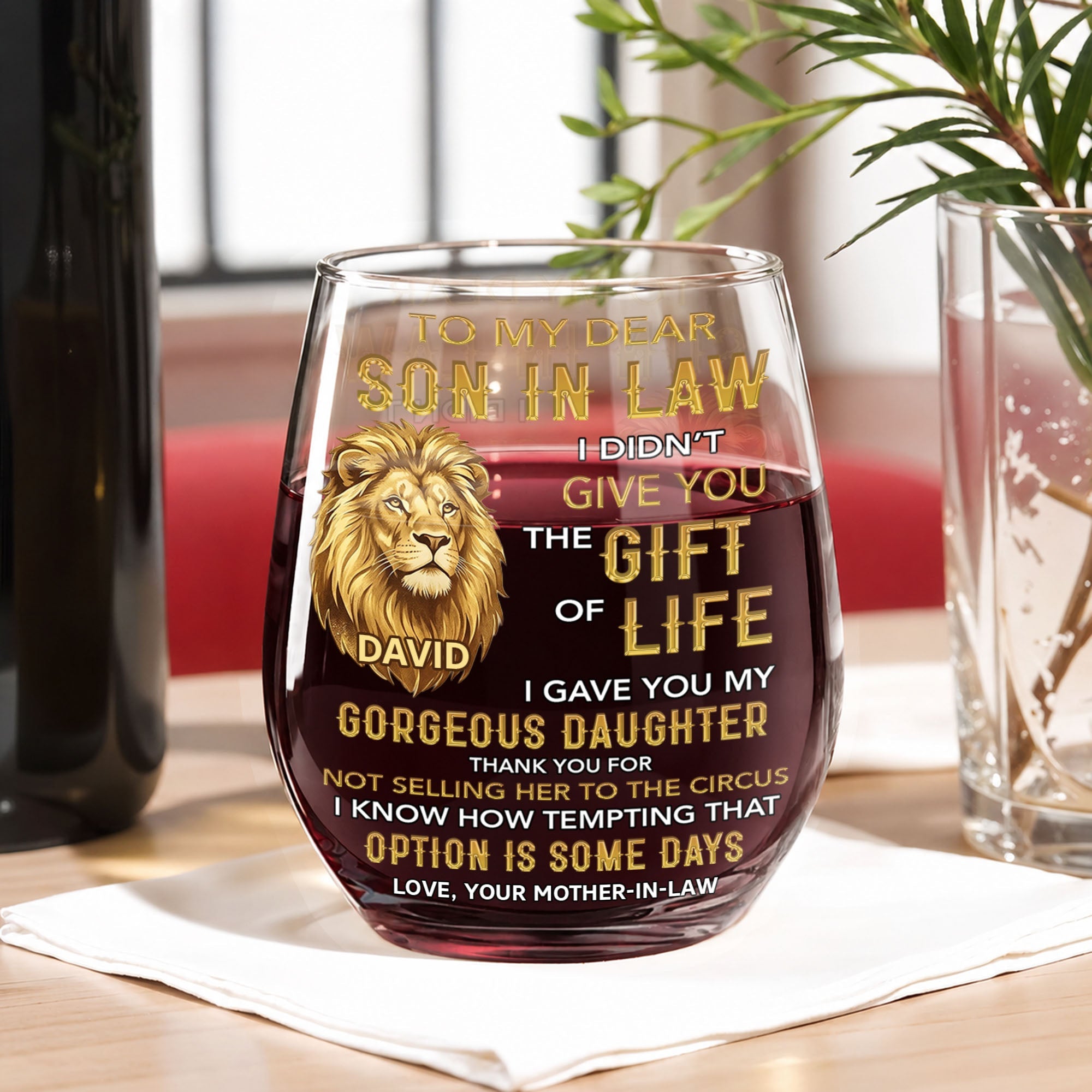 Personalized Stemless Wine Glass Custom Name Gift for Son-in-Law Wine Glasses GradoCreations
