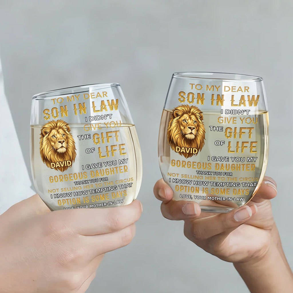 Personalized Stemless Wine Glass Custom Name Gift for Son-in-Law Wine Glasses GradoCreations