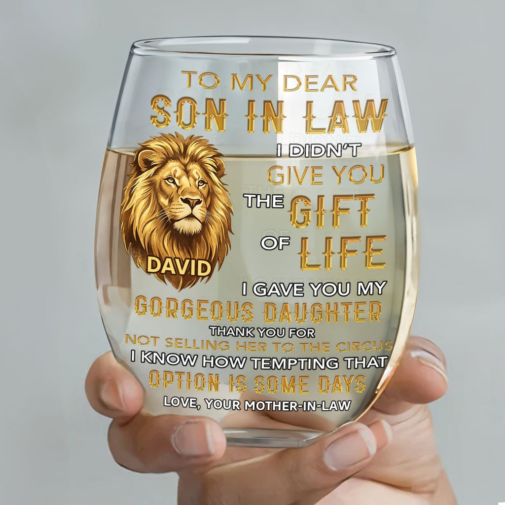 Personalized Stemless Wine Glass Custom Name Gift for Son-in-Law Wine Glasses GradoCreations