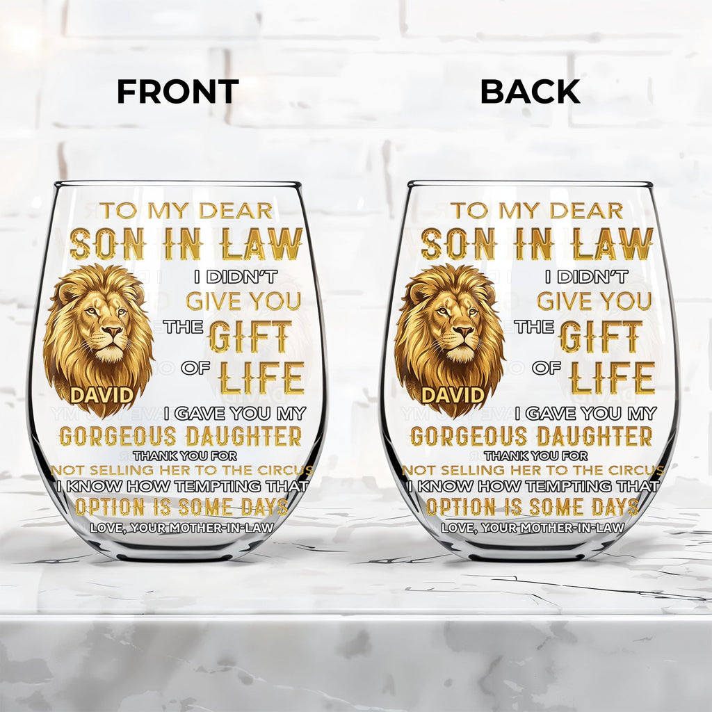 Personalized Stemless Wine Glass Custom Name Gift for Son-in-Law Wine Glasses GradoCreations
