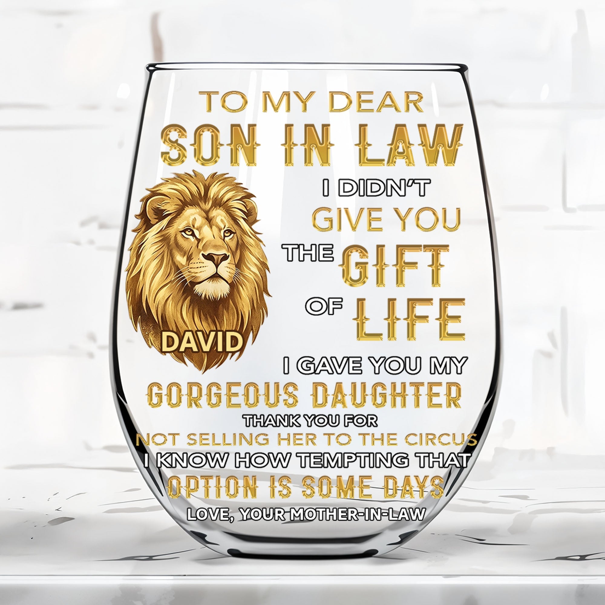 Personalized Stemless Wine Glass Custom Name Gift for Son-in-Law Wine Glasses GradoCreations