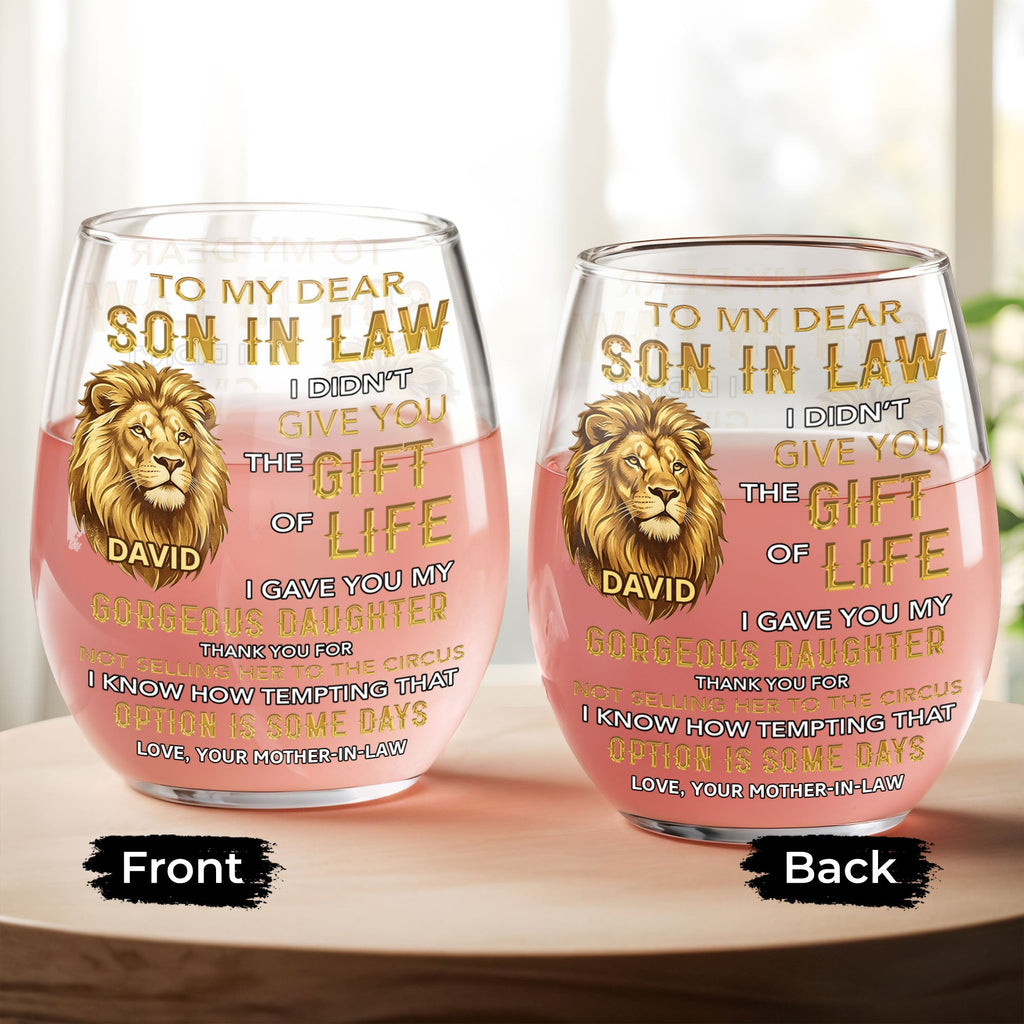 Personalized Stemless Wine Glass Custom Name Gift for Son-in-Law Wine Glasses GradoCreations