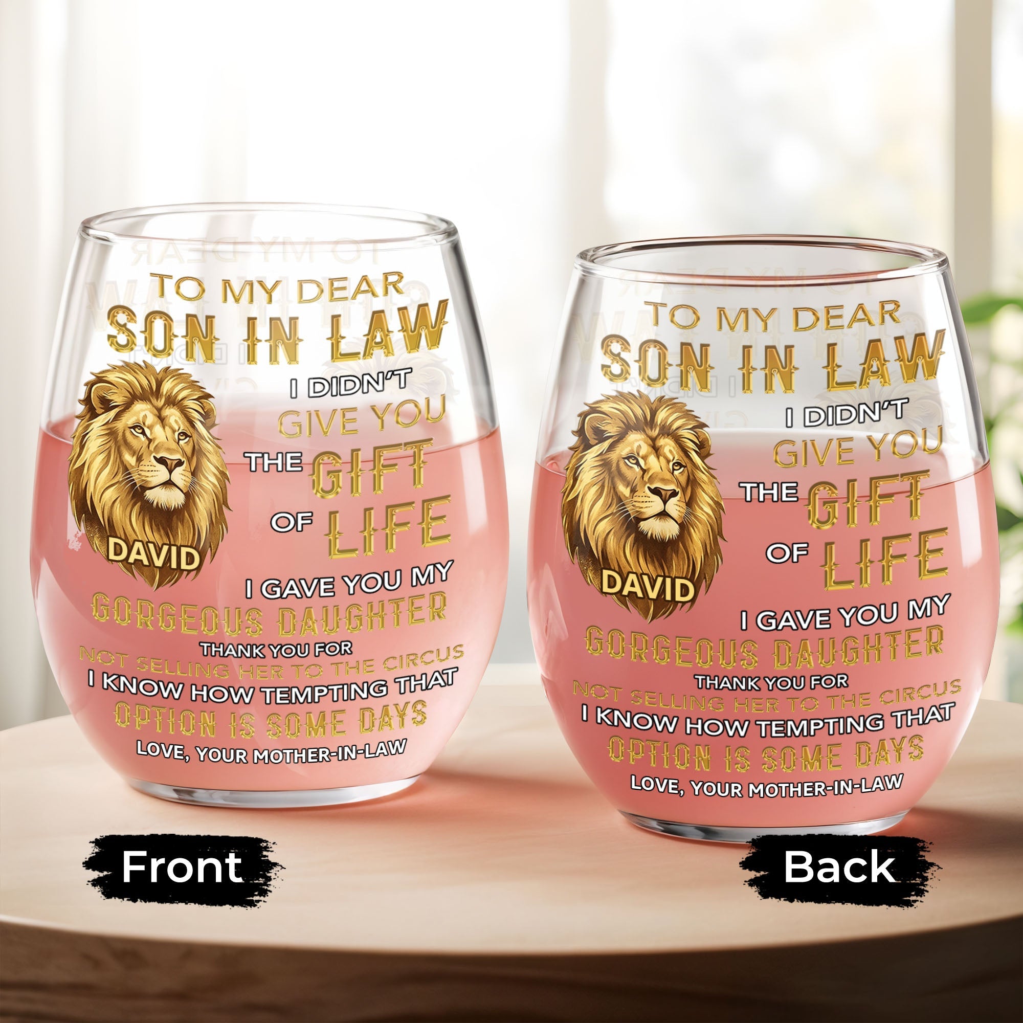 Personalized Stemless Wine Glass Custom Name Gift for Son-in-Law Wine Glasses GradoCreations