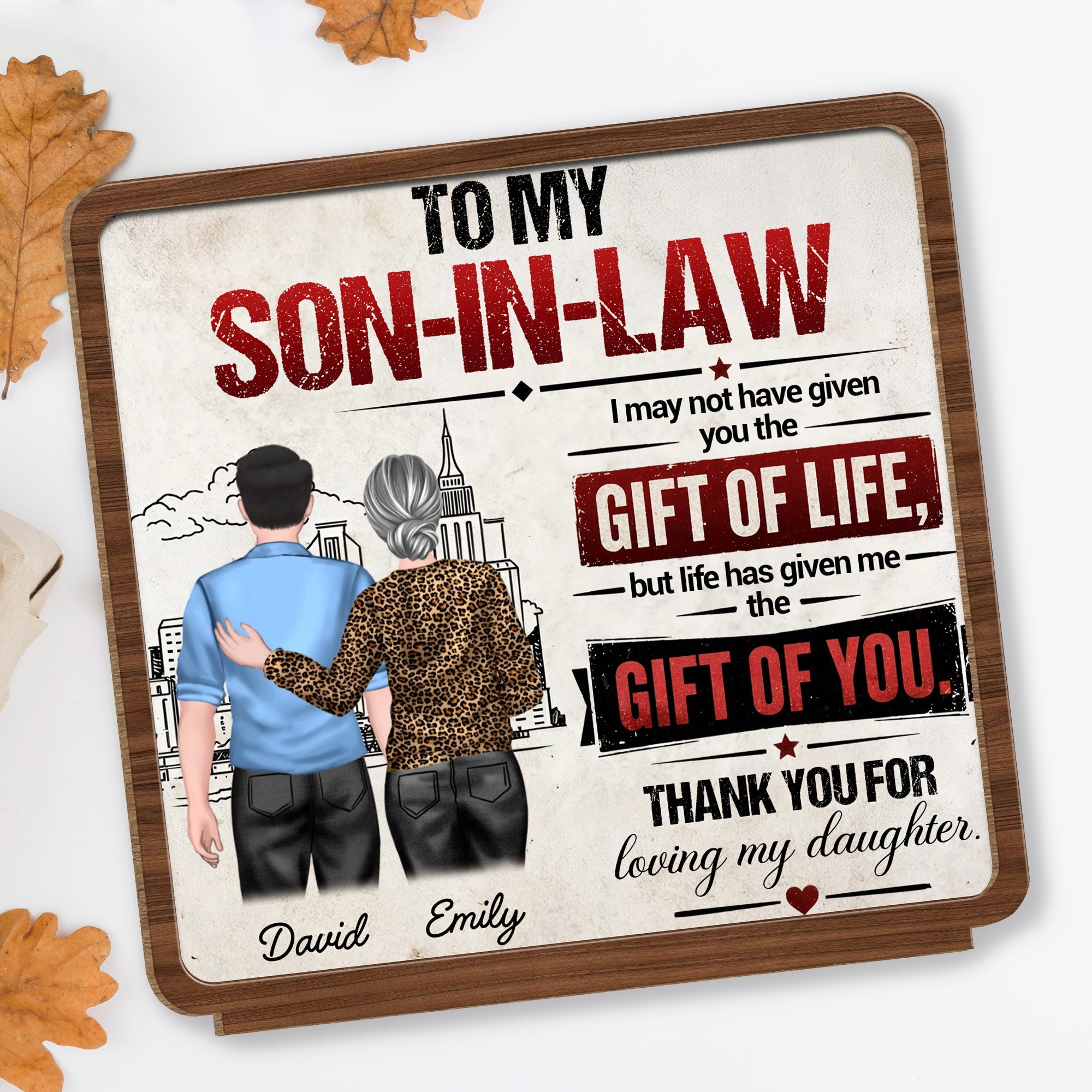 Personalized Custom Wood Plaque Gift for Son-in-Law with City Skyline Wood Plaque GradoCreations