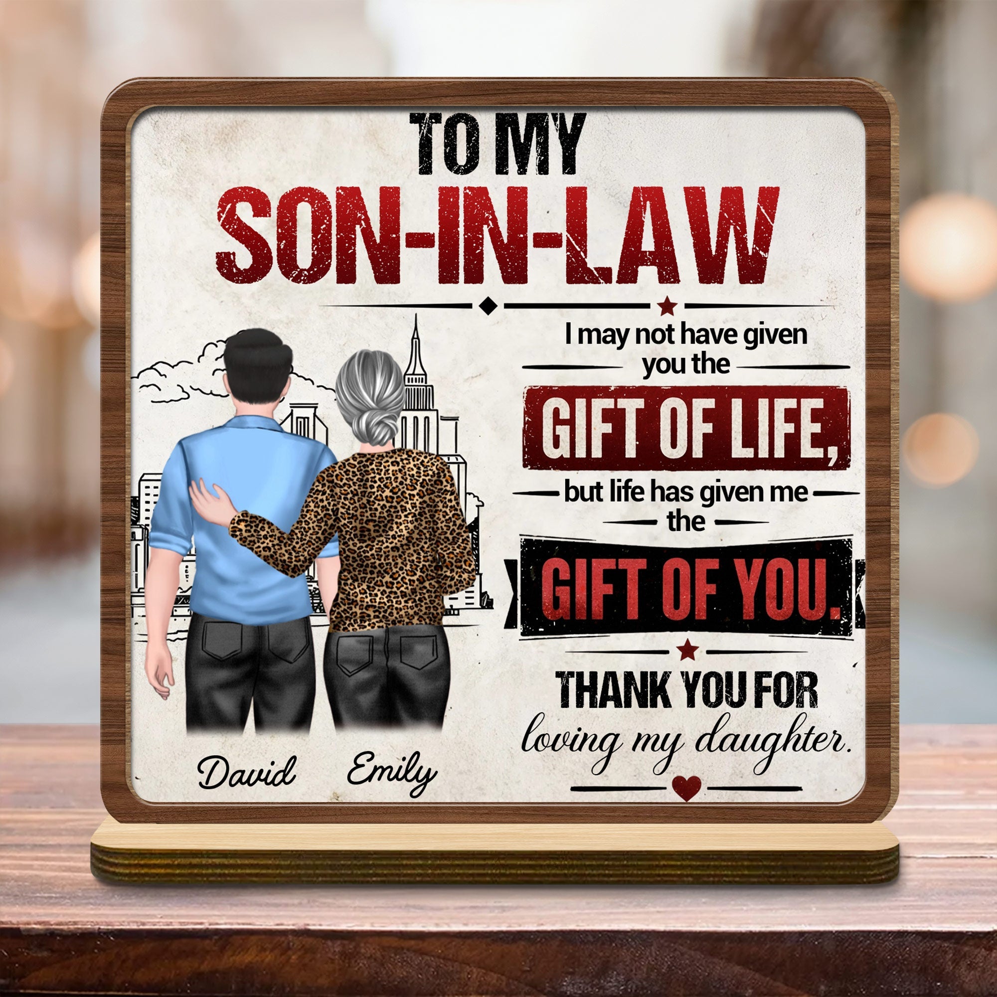 Personalized Custom Wood Plaque Gift for Son-in-Law with City Skyline Wood Plaque GradoCreations