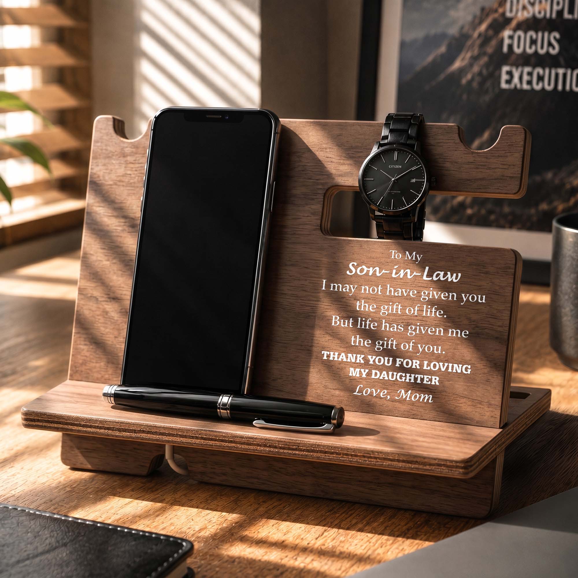 Personalized Wooden Phone Docking Station Gift for Son-in-Law Wood Phone Docking Station GradoCreations