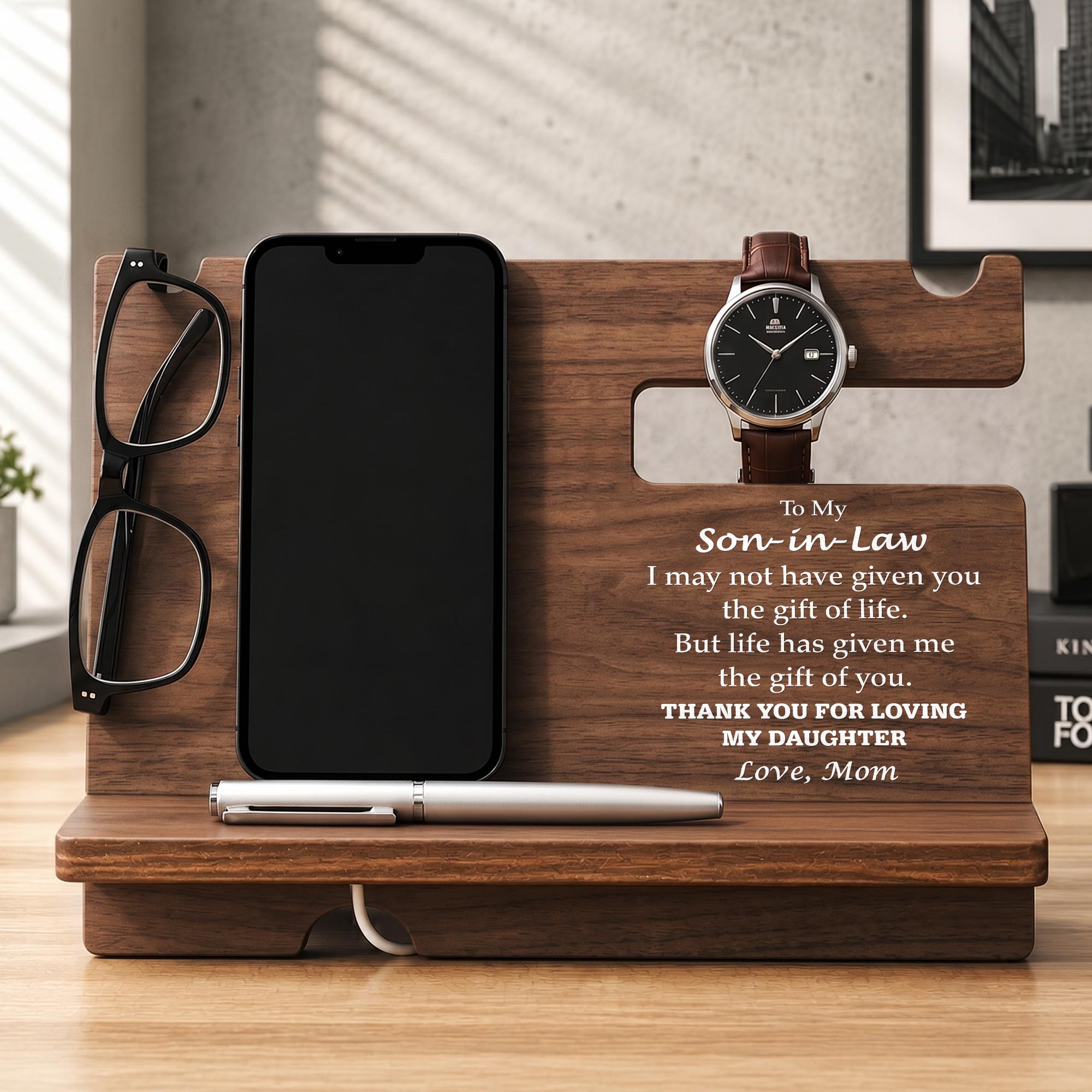 Personalized Wooden Phone Docking Station Gift for Son-in-Law Wood Phone Docking Station GradoCreations