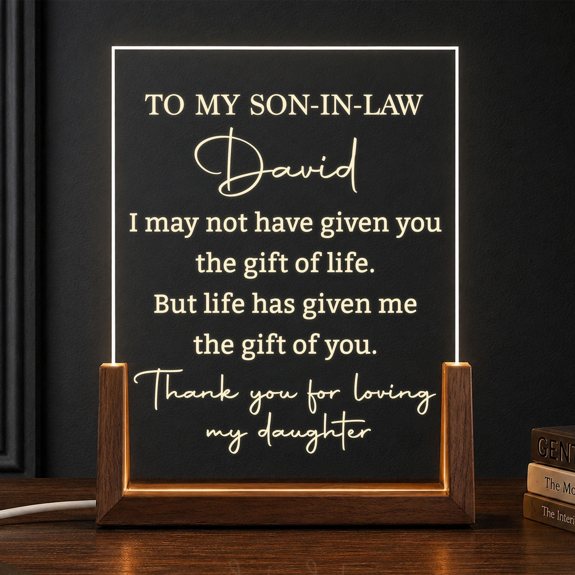 Personalized Acrylic Night Light with Wood Base Gift for Son-In-Law Wood and Acrylic Night Light GradoCreations