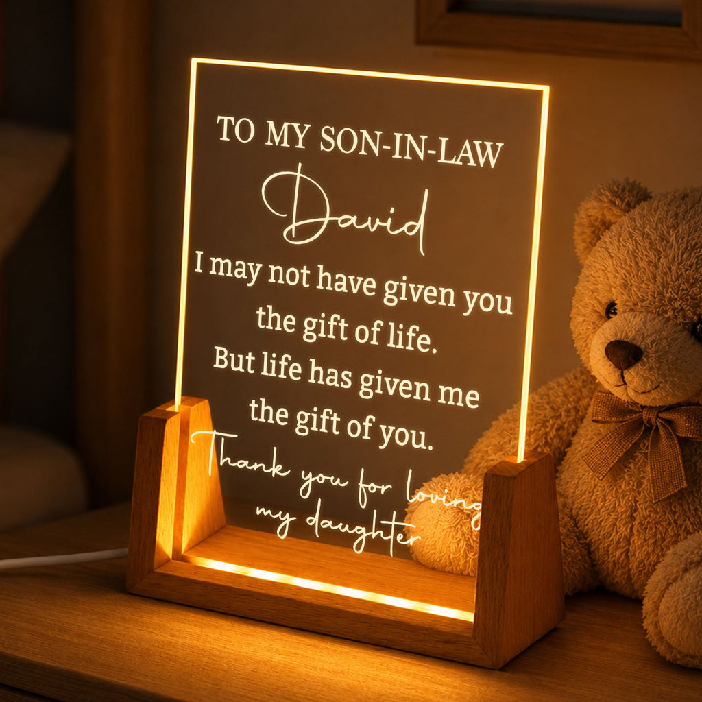 Personalized Acrylic Night Light with Wood Base Gift for Son-In-Law Wood and Acrylic Night Light GradoCreations