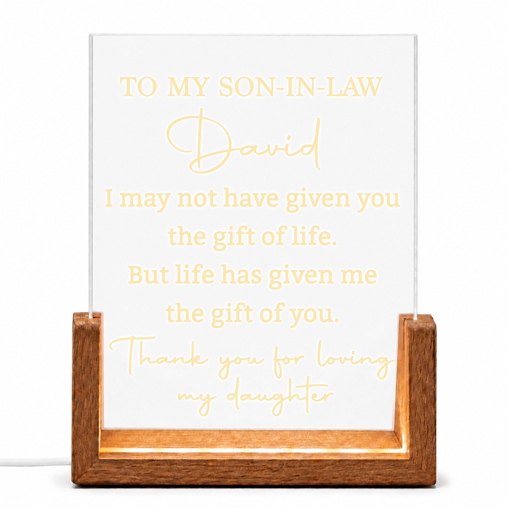 Personalized Acrylic Night Light with Wood Base Gift for Son-In-Law Wood and Acrylic Night Light GradoCreations