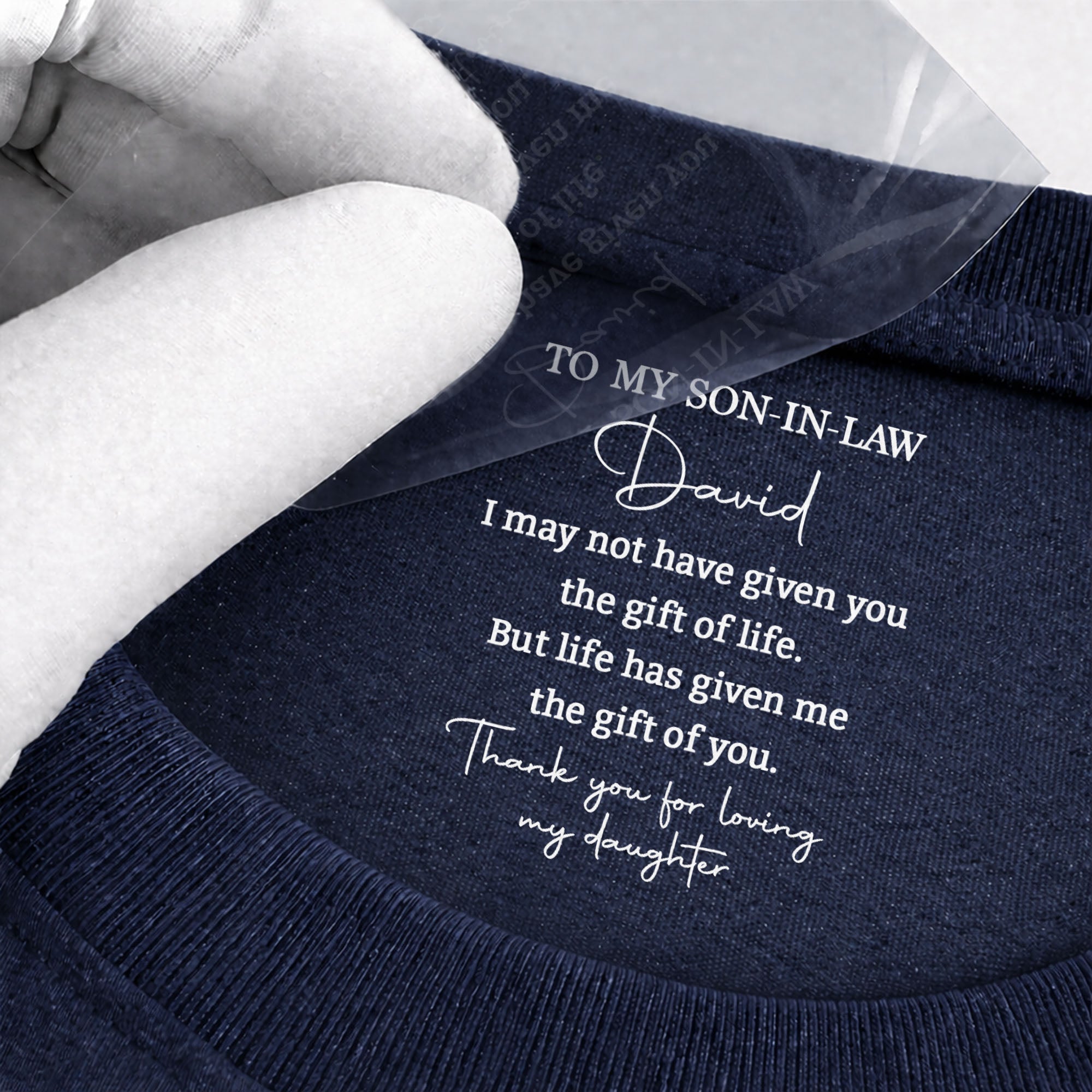 Personalized Inside Neck Print T-Shirt Gift for Son-in-Law Basic Shirt, Print inside back collar GradoCreations