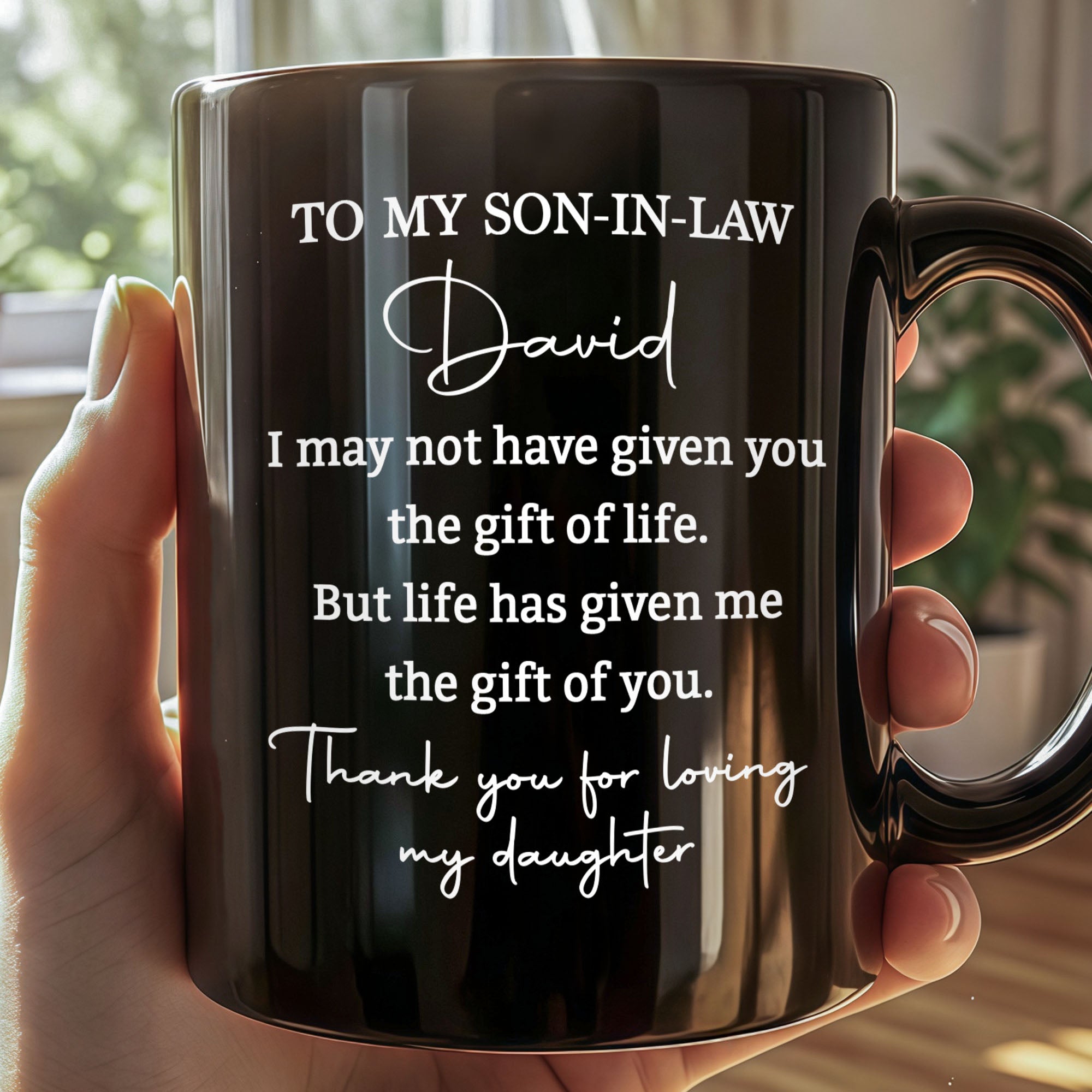 Personalized Black Coffee Mug Custom Gift for Son-in-Law Black Mug GradoCreations
