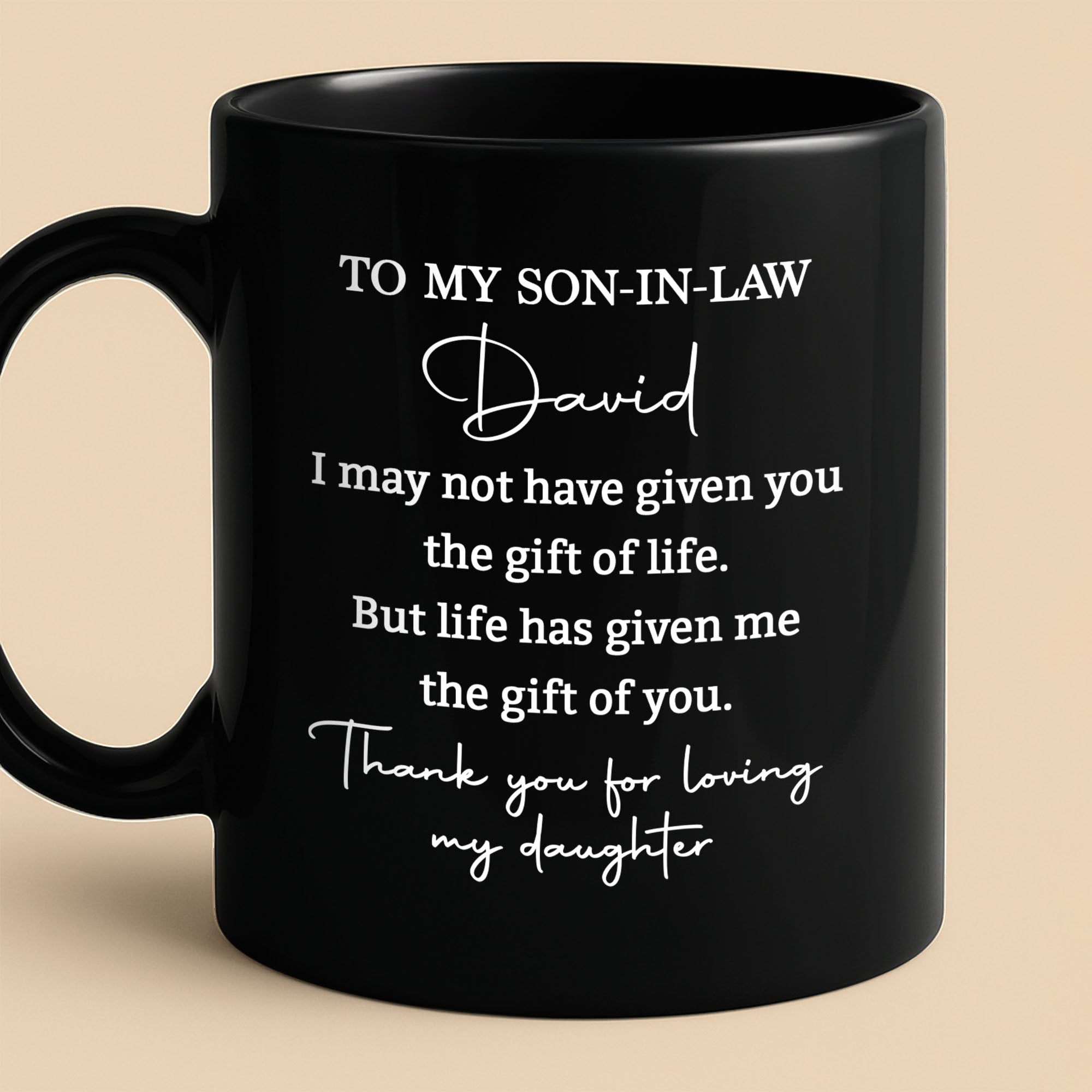 Personalized Black Coffee Mug Custom Gift for Son-in-Law Black Mug GradoCreations