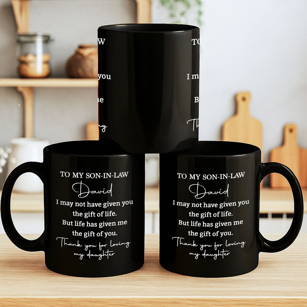 Personalized Black Coffee Mug Custom Gift for Son-in-Law Black Mug GradoCreations