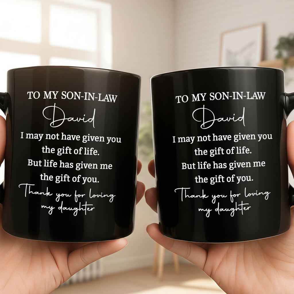 Personalized Black Coffee Mug Custom Gift for Son-in-Law Black Mug GradoCreations