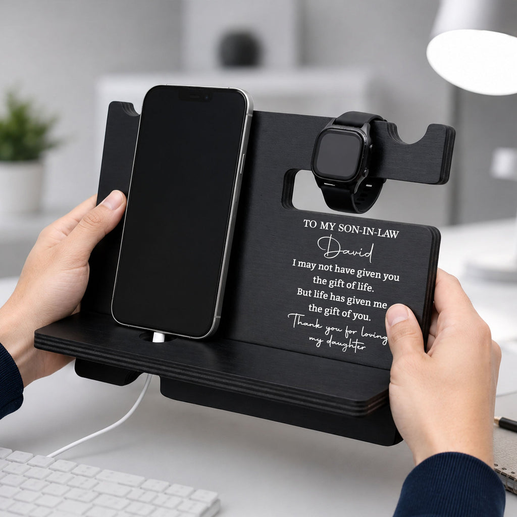 Personalized Wood Phone Docking Station Gift for Son-in-Law Wood Phone Docking Station GradoCreations