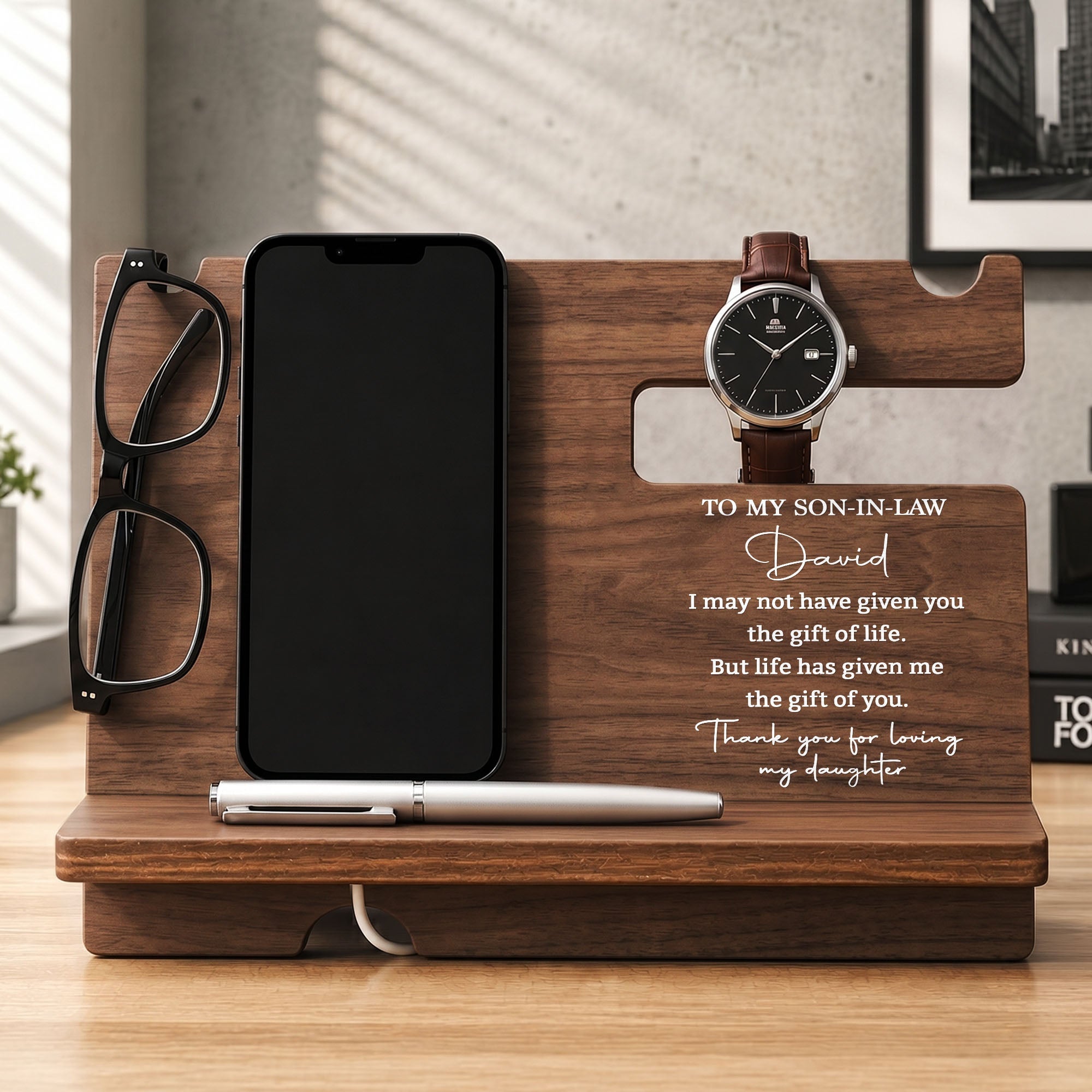 Personalized Wood Phone Docking Station Gift for Son-in-Law Wood Phone Docking Station GradoCreations