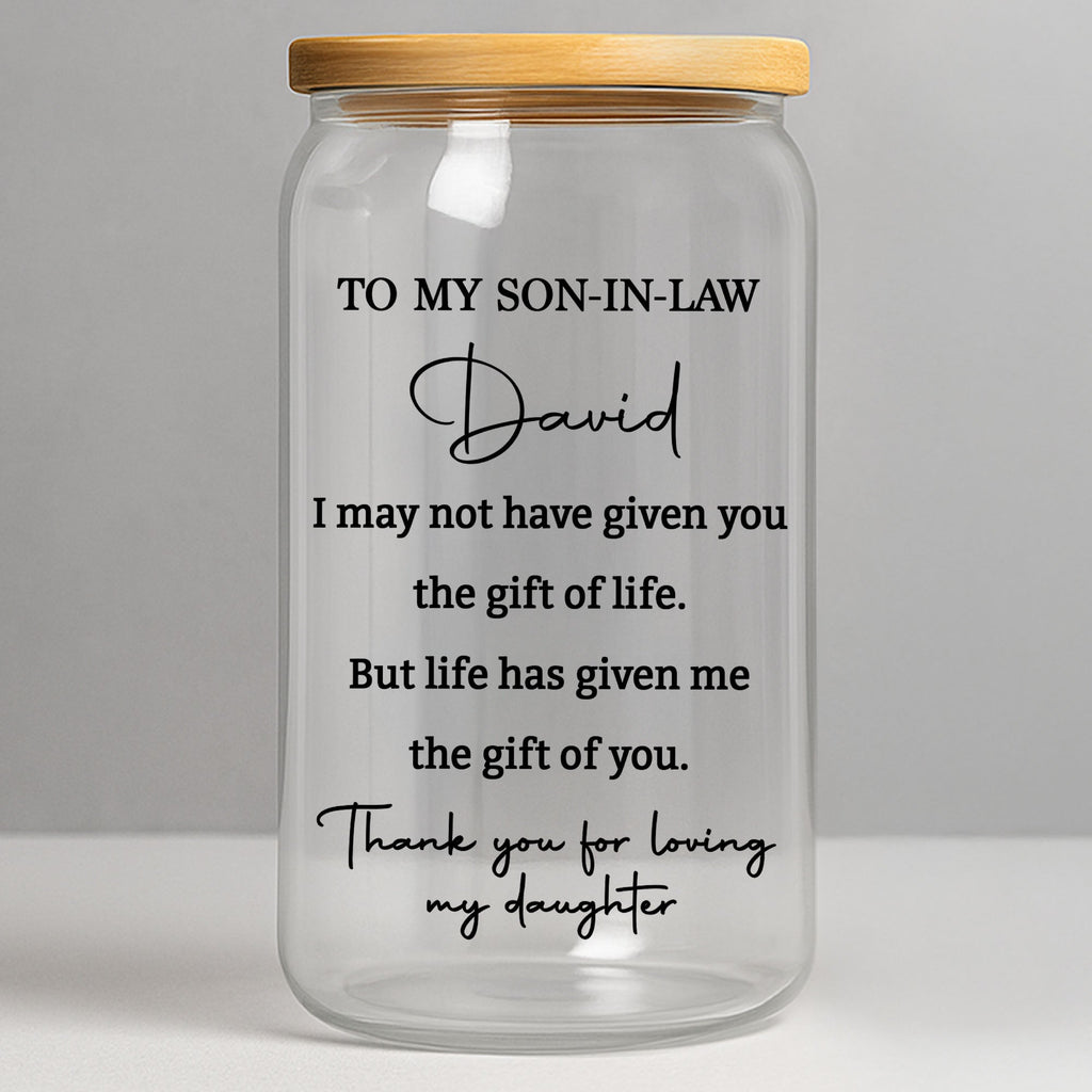 Personalized Clear Glass Can Custom Gift for Son-in-Law Clear Glass Can GradoCreations