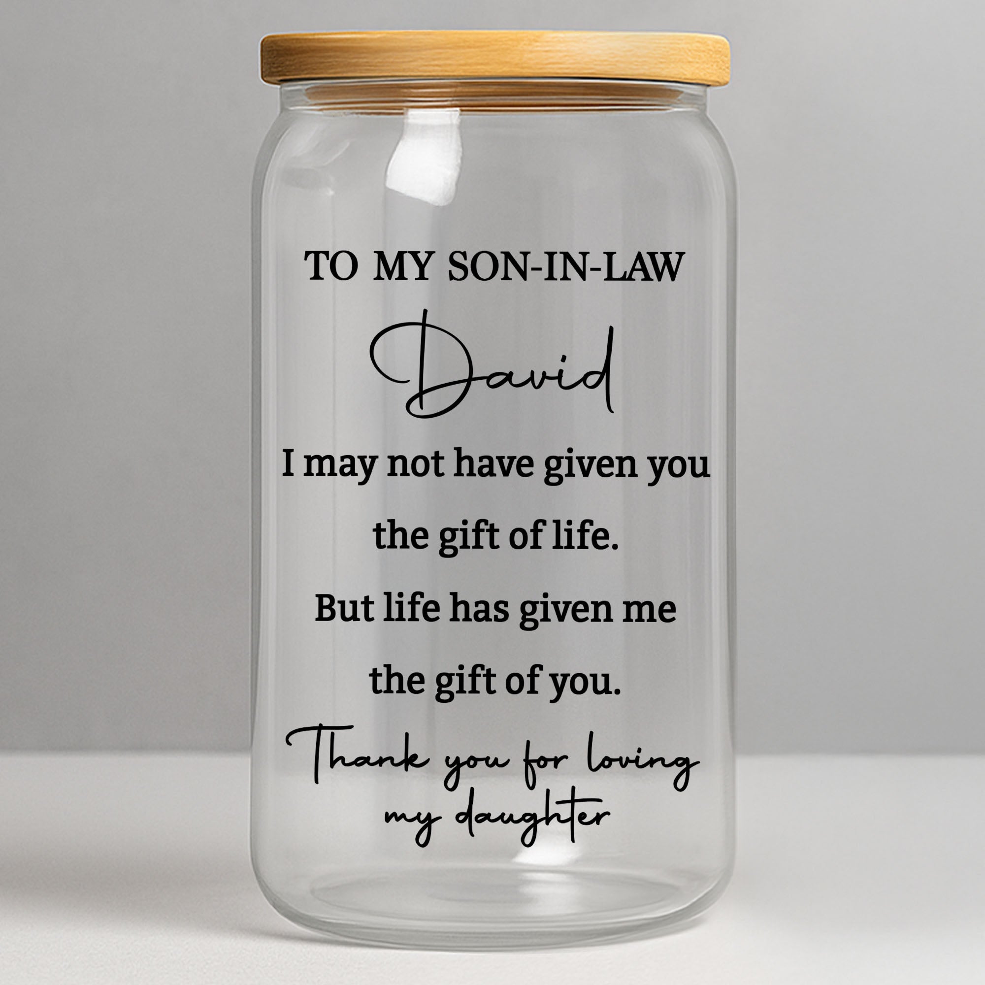 Personalized Clear Glass Can Custom Gift for Son-in-Law Clear Glass Can GradoCreations