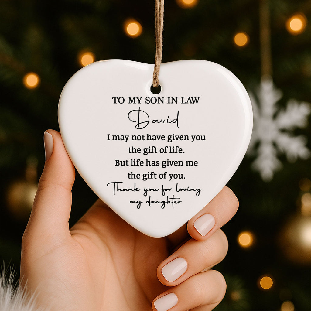 Personalized Heart-Shaped Ceramic Ornament Gift for Son-in-Law Ceramic Ornament GradoCreations