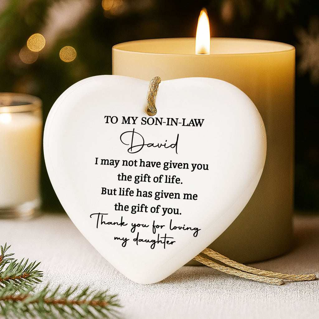 Personalized Heart-Shaped Ceramic Ornament Gift for Son-in-Law Ceramic Ornament GradoCreations