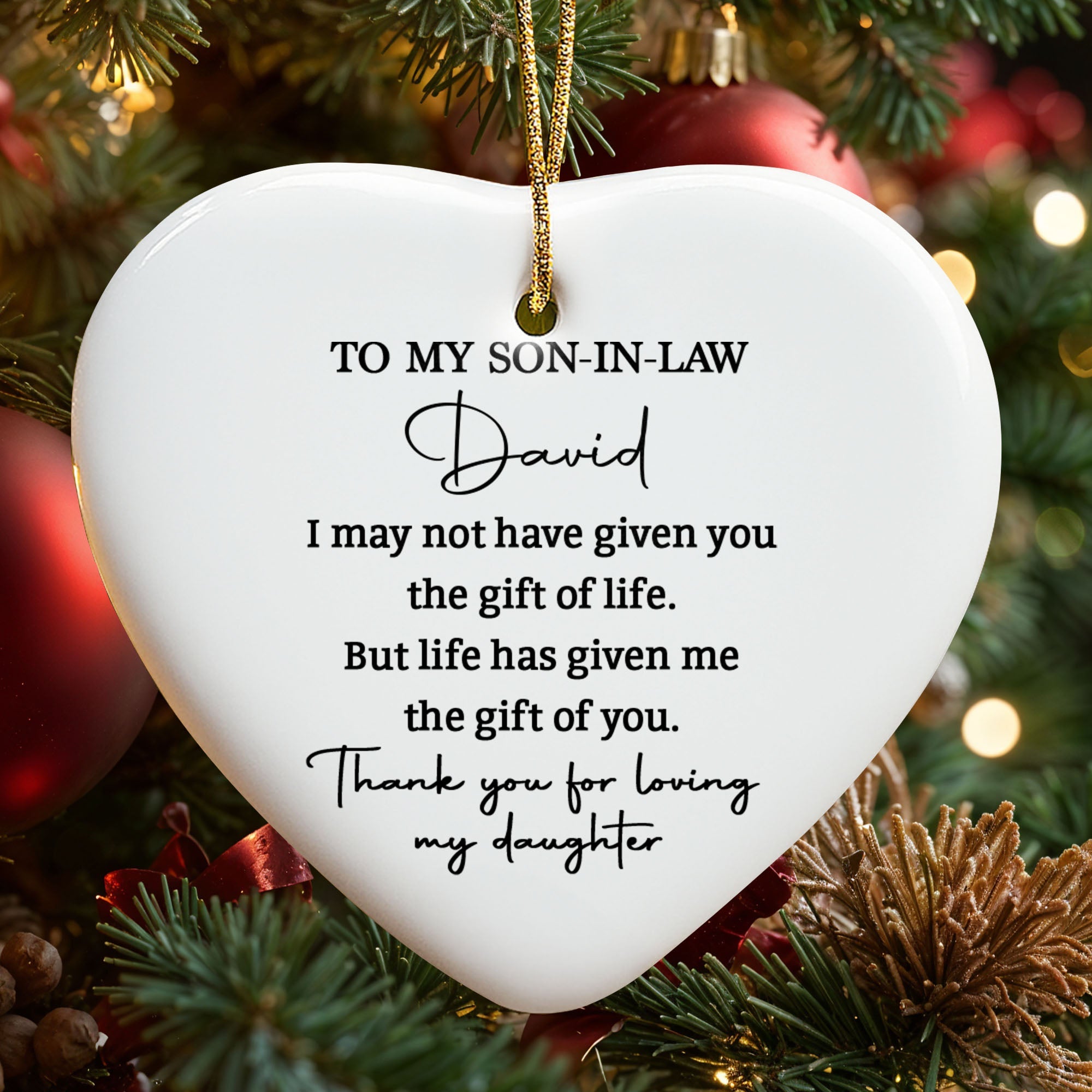 Personalized Heart-Shaped Ceramic Ornament Gift for Son-in-Law Ceramic Ornament GradoCreations