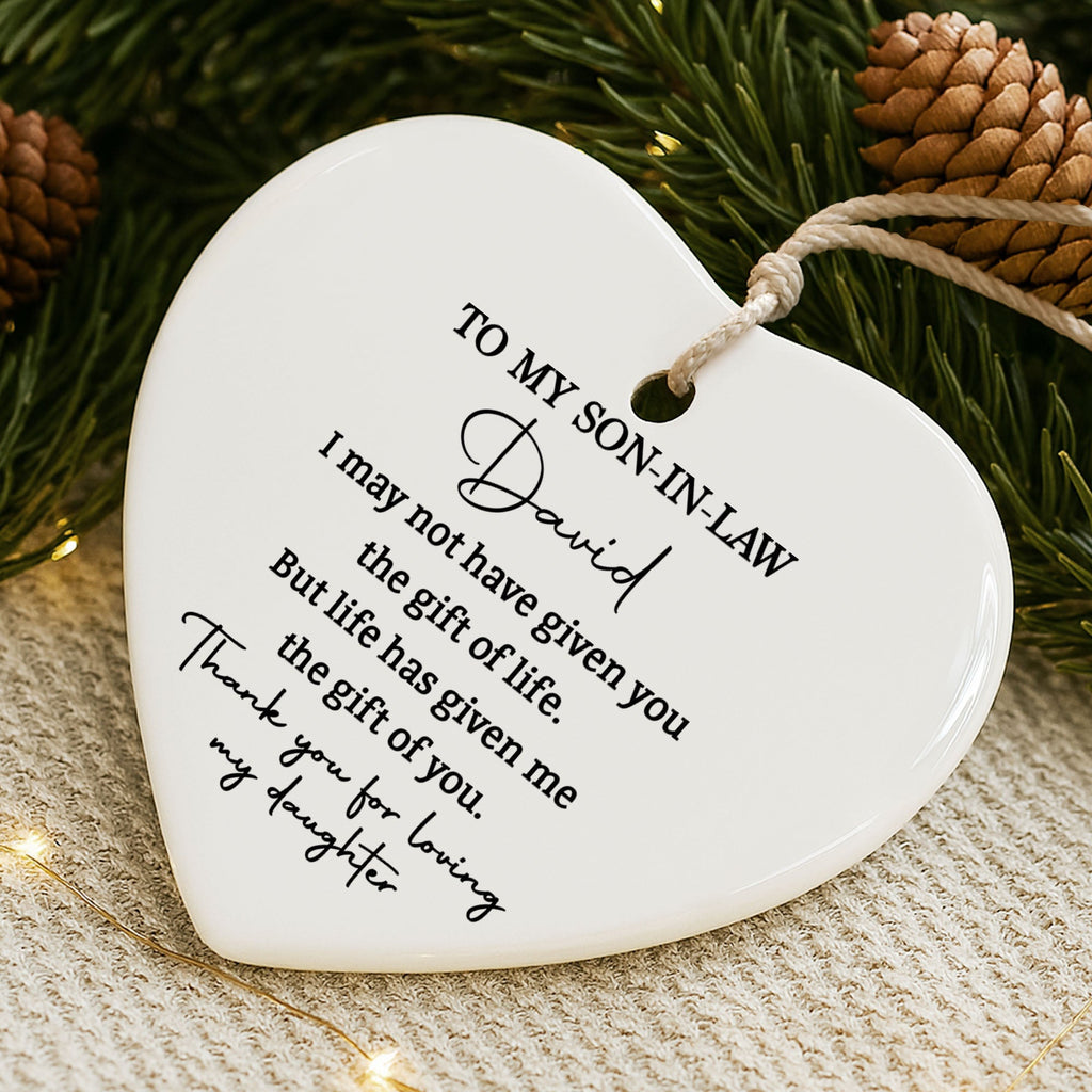 Personalized Heart-Shaped Ceramic Ornament Gift for Son-in-Law Ceramic Ornament GradoCreations