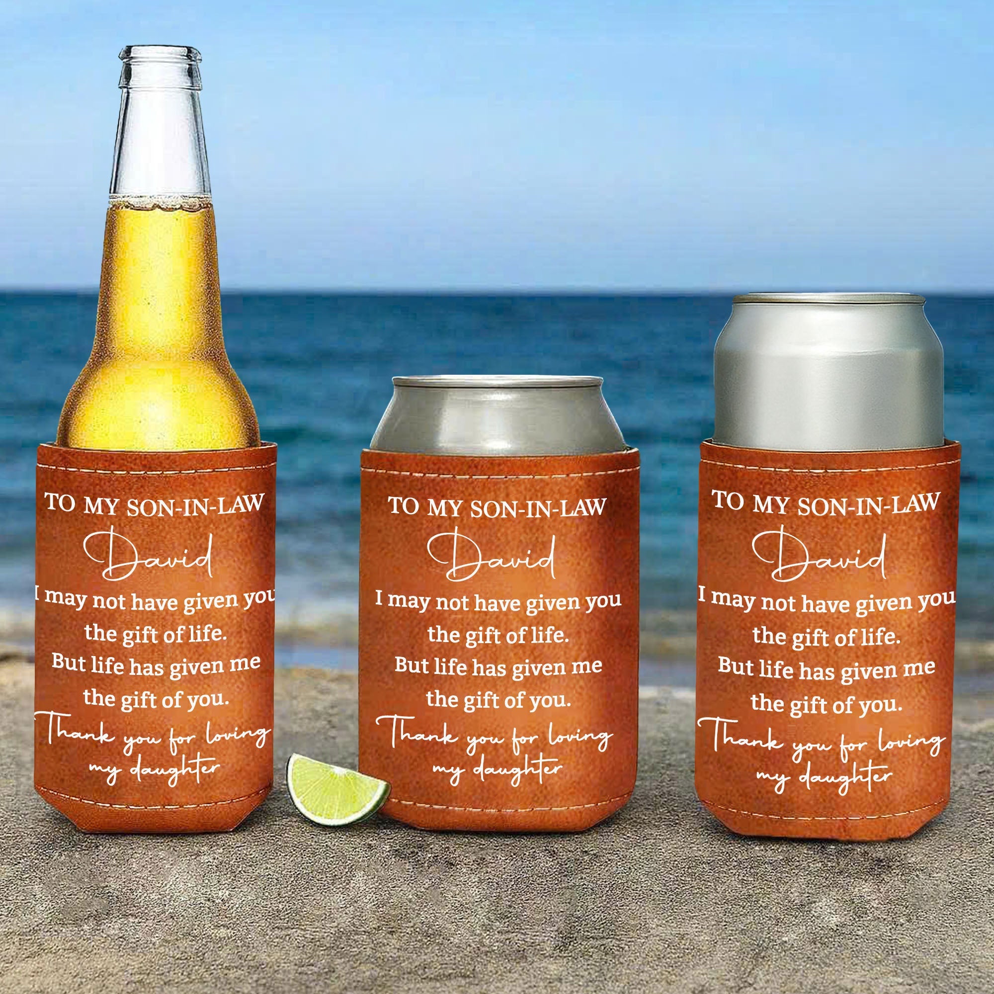 Personalized Leather Can Cooler Custom Gift for Son-in-Law Leather Can Cooler GradoCreations