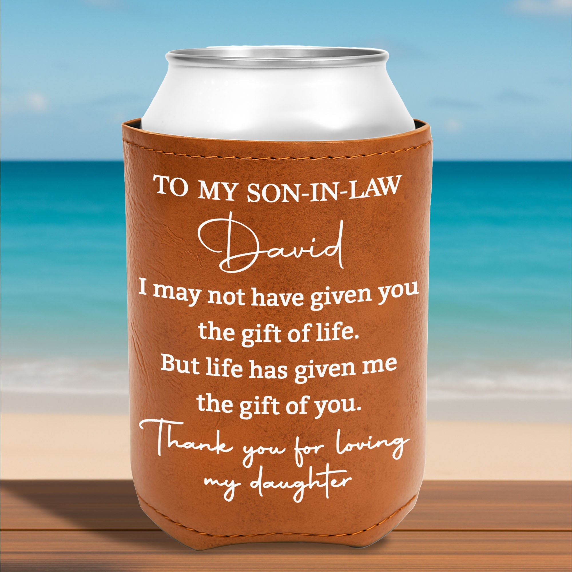Personalized Leather Can Cooler Custom Gift for Son-in-Law Leather Can Cooler GradoCreations